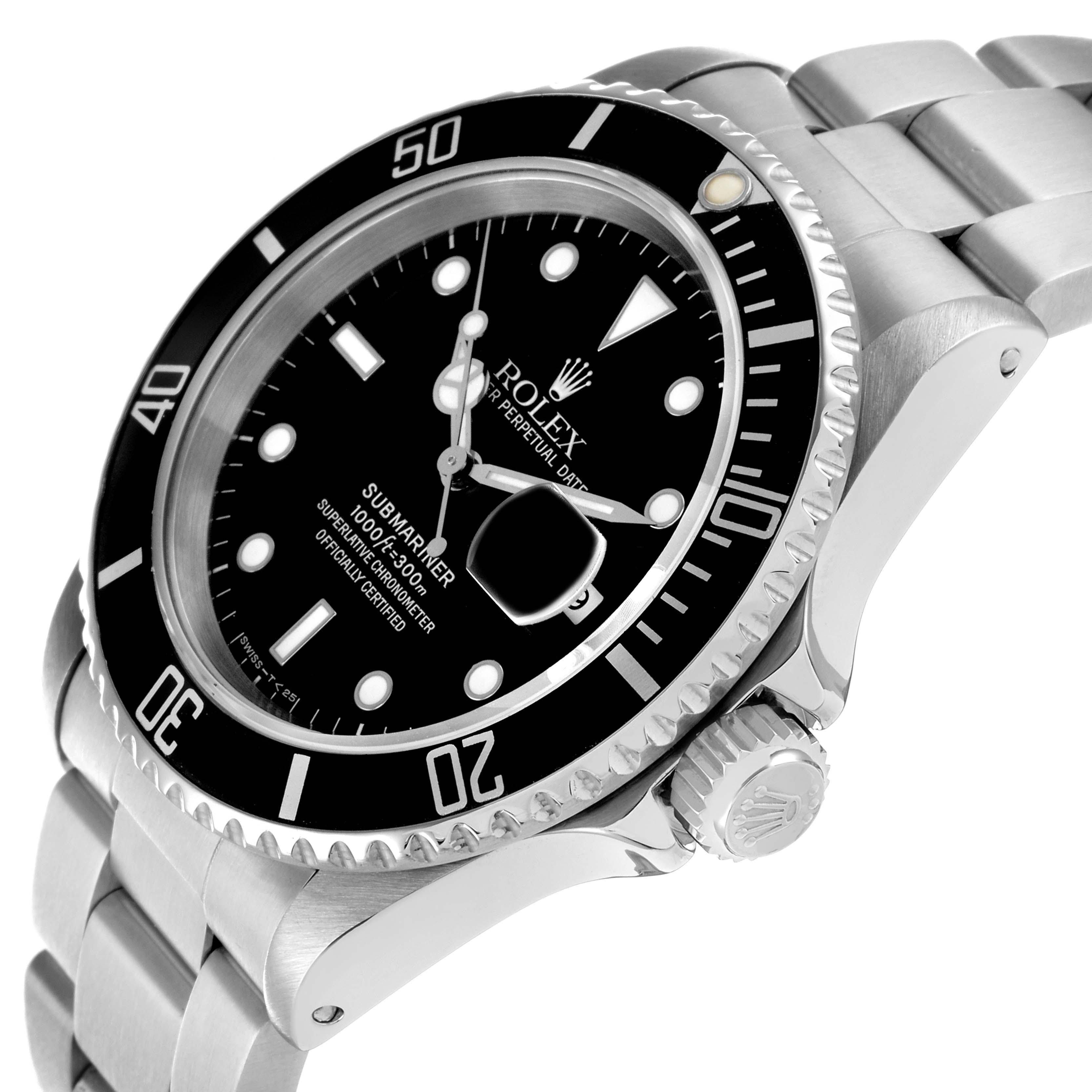 The Rolex Submariner 16610 Men
s Stainless Steel Black Dial watch is shown at an angled view, highlighting the face, bezel, crown, and part of the bracelet.