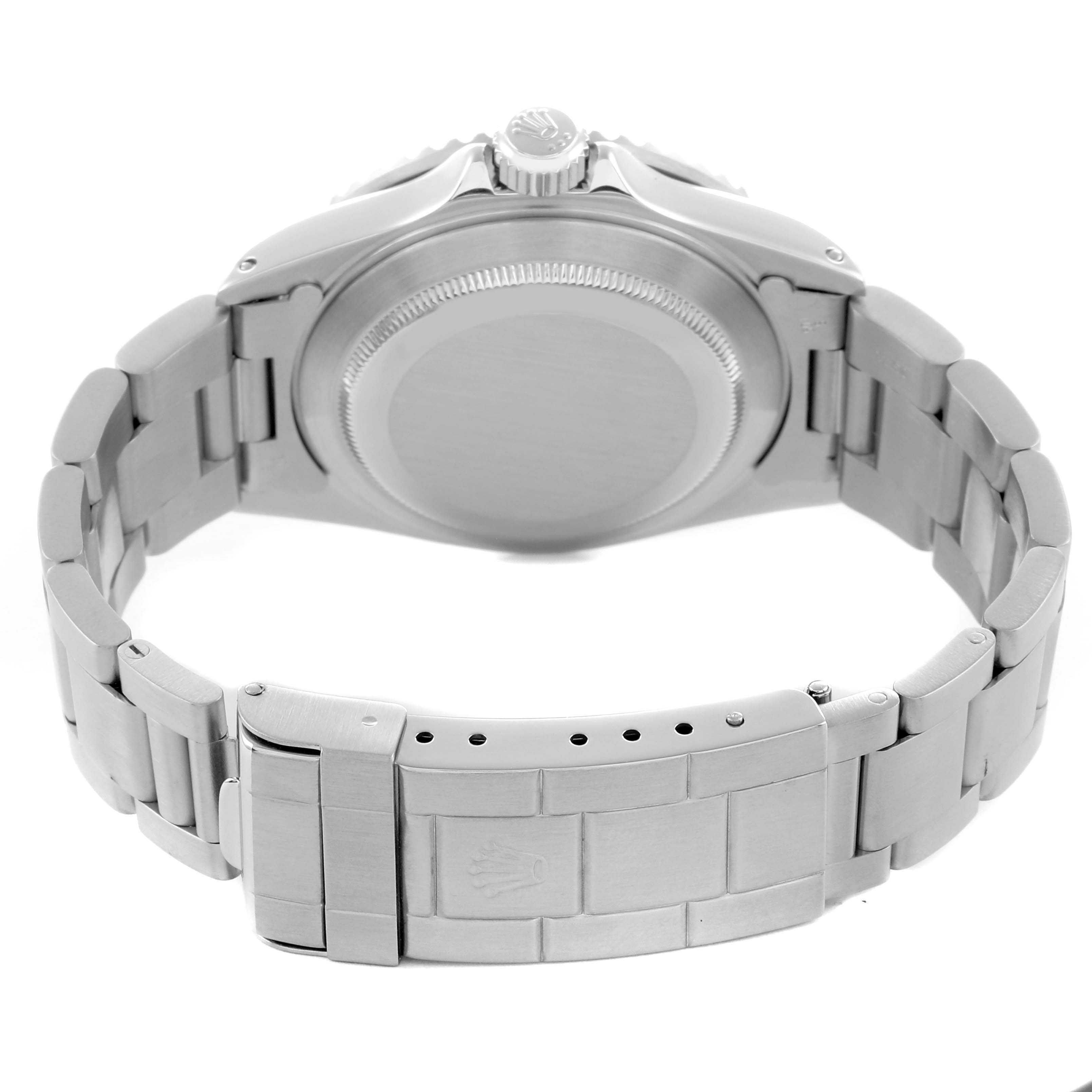 The image shows the back view of a Rolex Submariner 16610 Men
s Stainless Steel Black Dial, highlighting the case back, crown, and bracelet with the clasp.