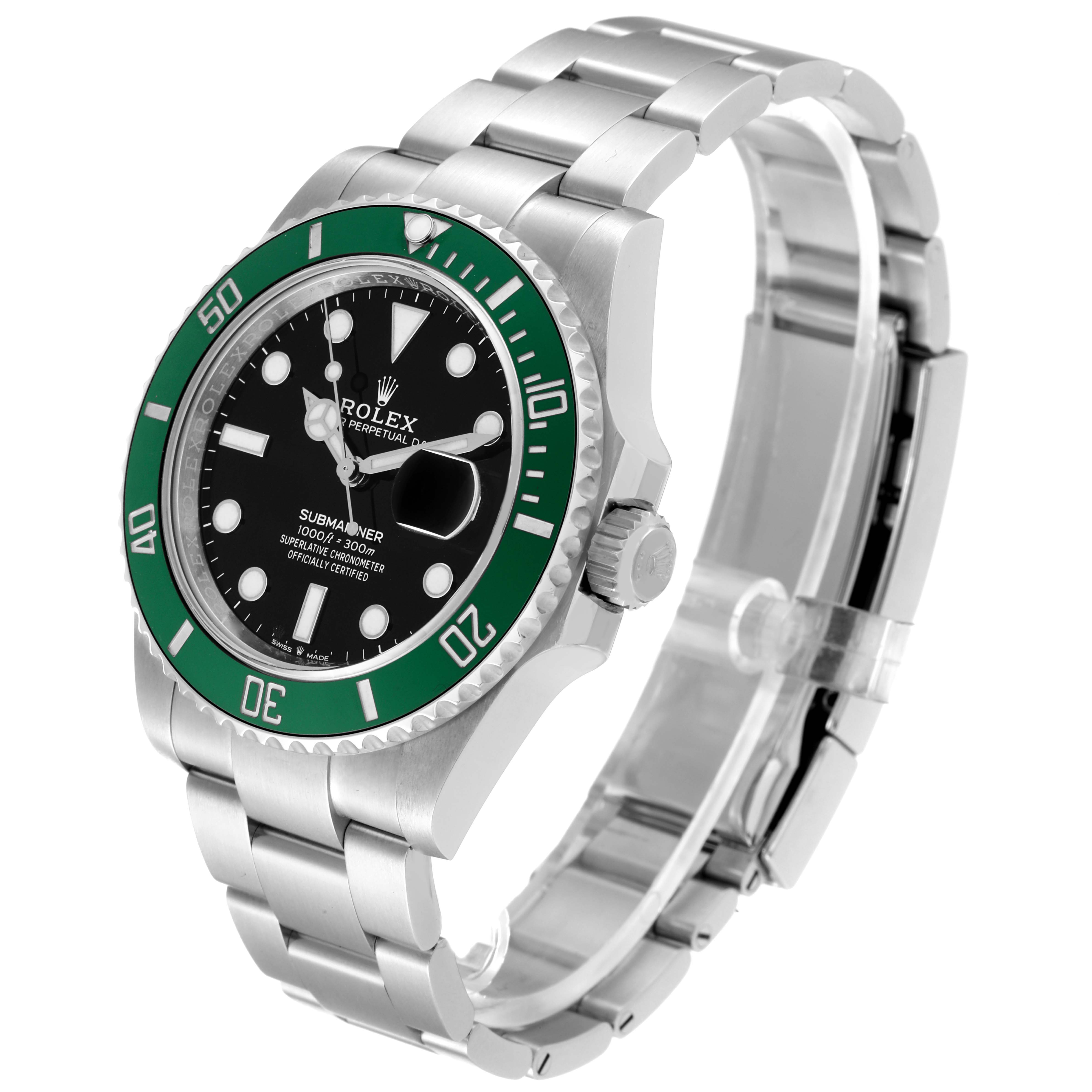 The image shows a three-quarters view of a Rolex Submariner 126610LV Men
s Stainless Steel Black Dial 126610LV Men
s Stainless Steel Black Dial watch, highlighting its green bezel, black dial, and stainless steel bracelet.
