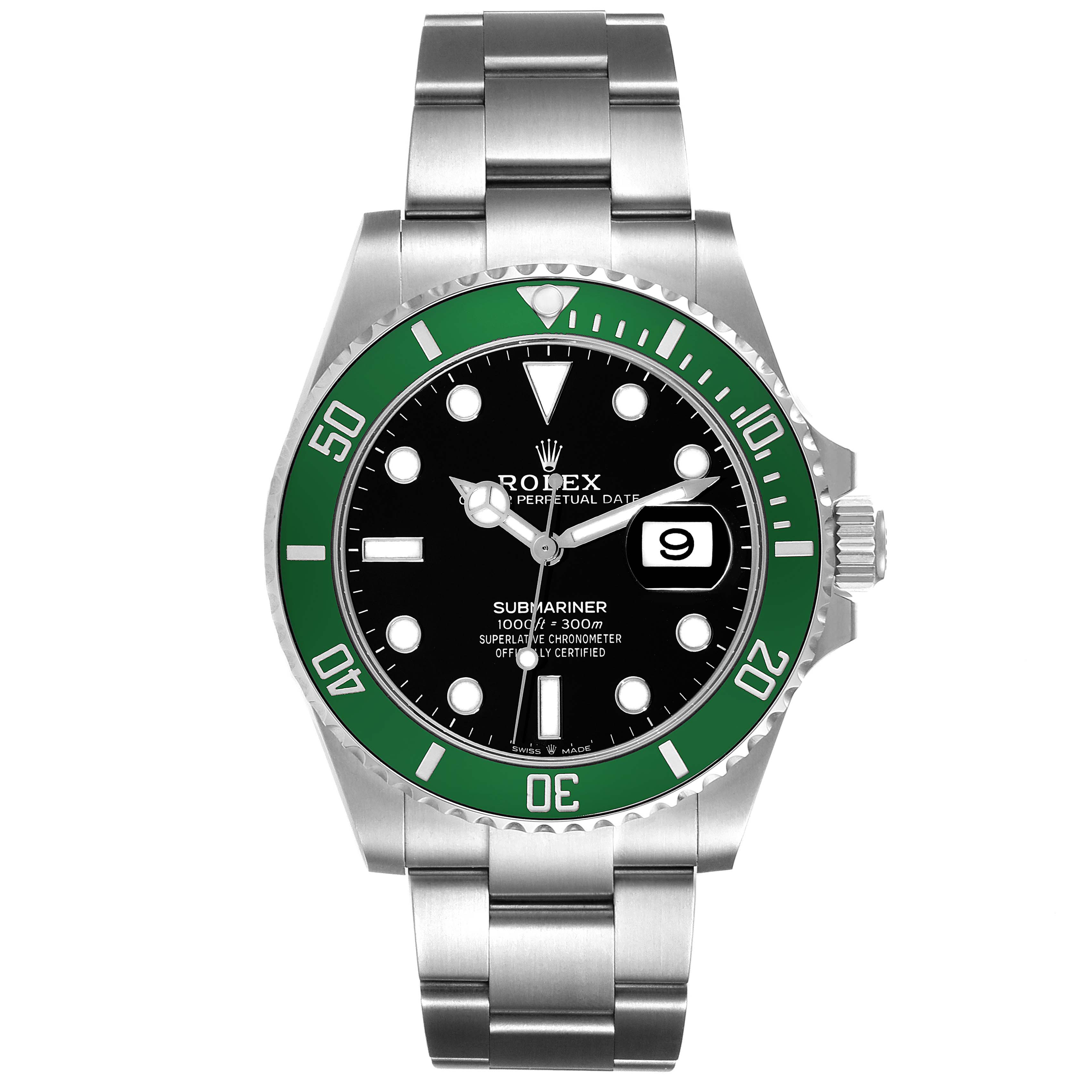 The image shows a front view of a Rolex Submariner 126610LV Men
s Stainless Steel Black Dial 126610LV Men
s Stainless Steel Black Dial watch, highlighting its dial, bezel, and metal bracelet.