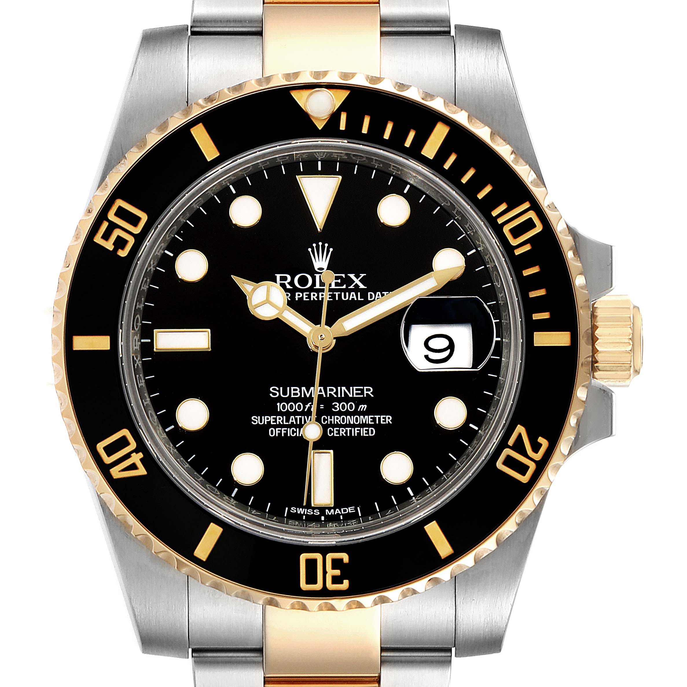 The image shows a frontal view of the Rolex Submariner 116613 Men's Steel and Gold (two tone) Black Dial 116613 Men's Steel and Gold (two tone) Black Dial watch, featuring its dial, bezel, crown, and part of the bracelet.