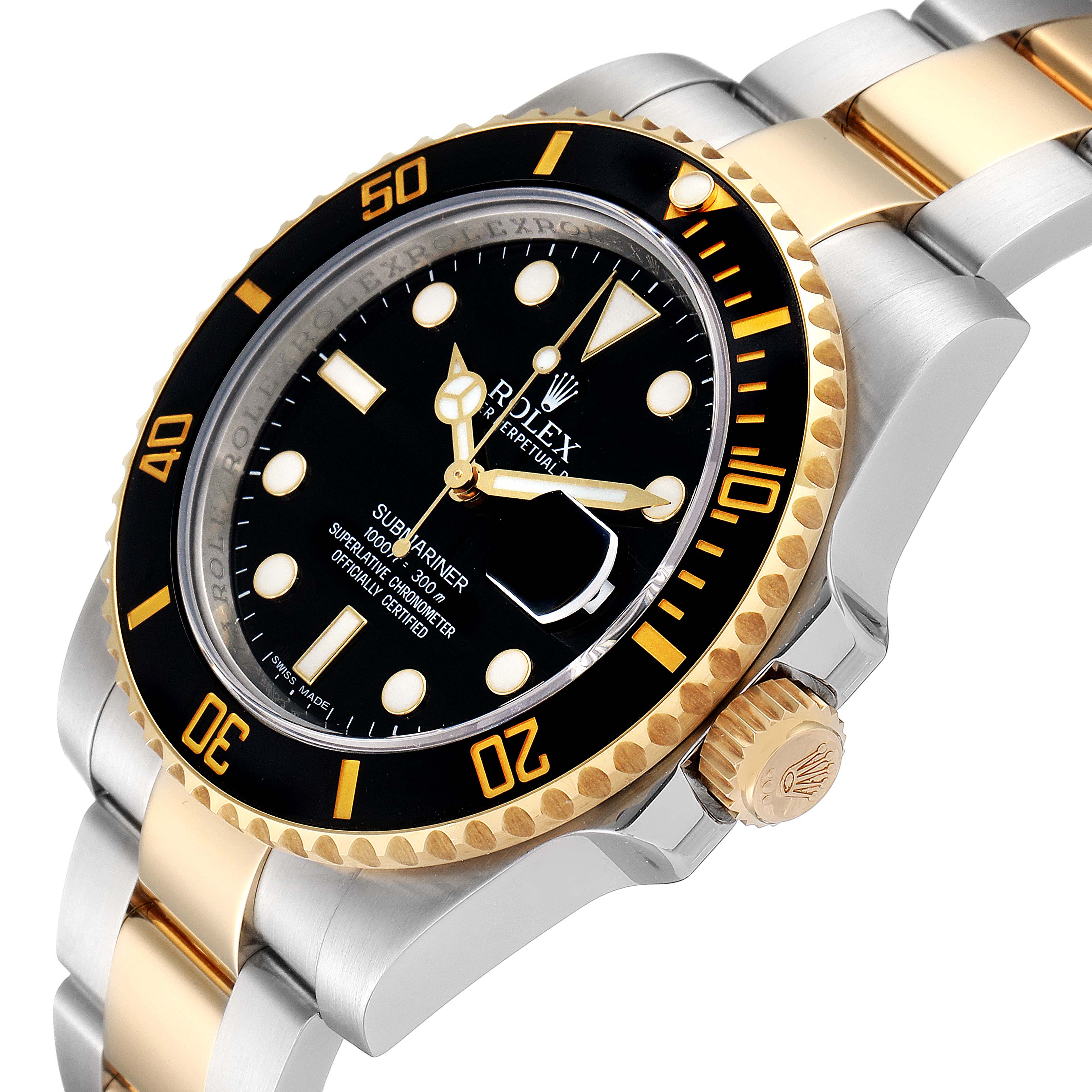 The image shows a close-up, angled view of a Rolex Submariner 116613 Men's Steel and Gold (two tone) Black Dial 116613 Men's Steel and Gold (two tone) Black Dial, highlighting its bezel, dial, crown, and bracelet.