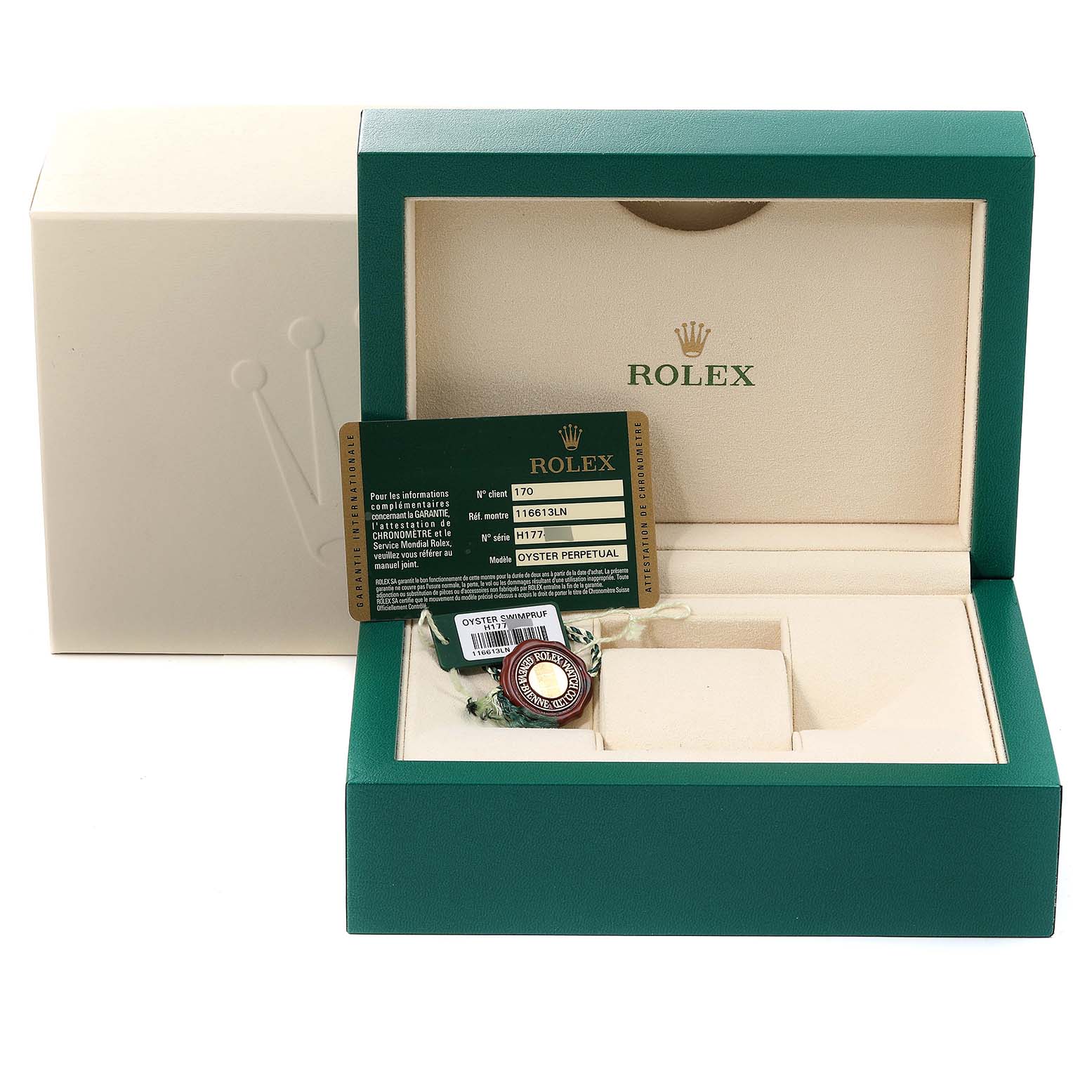 The image shows the box, authenticity card, and hang tag for a Rolex Submariner 116613 Men's Steel and Gold (two tone) Black Dial 116613 Men's Steel and Gold (two tone) Black Dial watch with no watch visible.