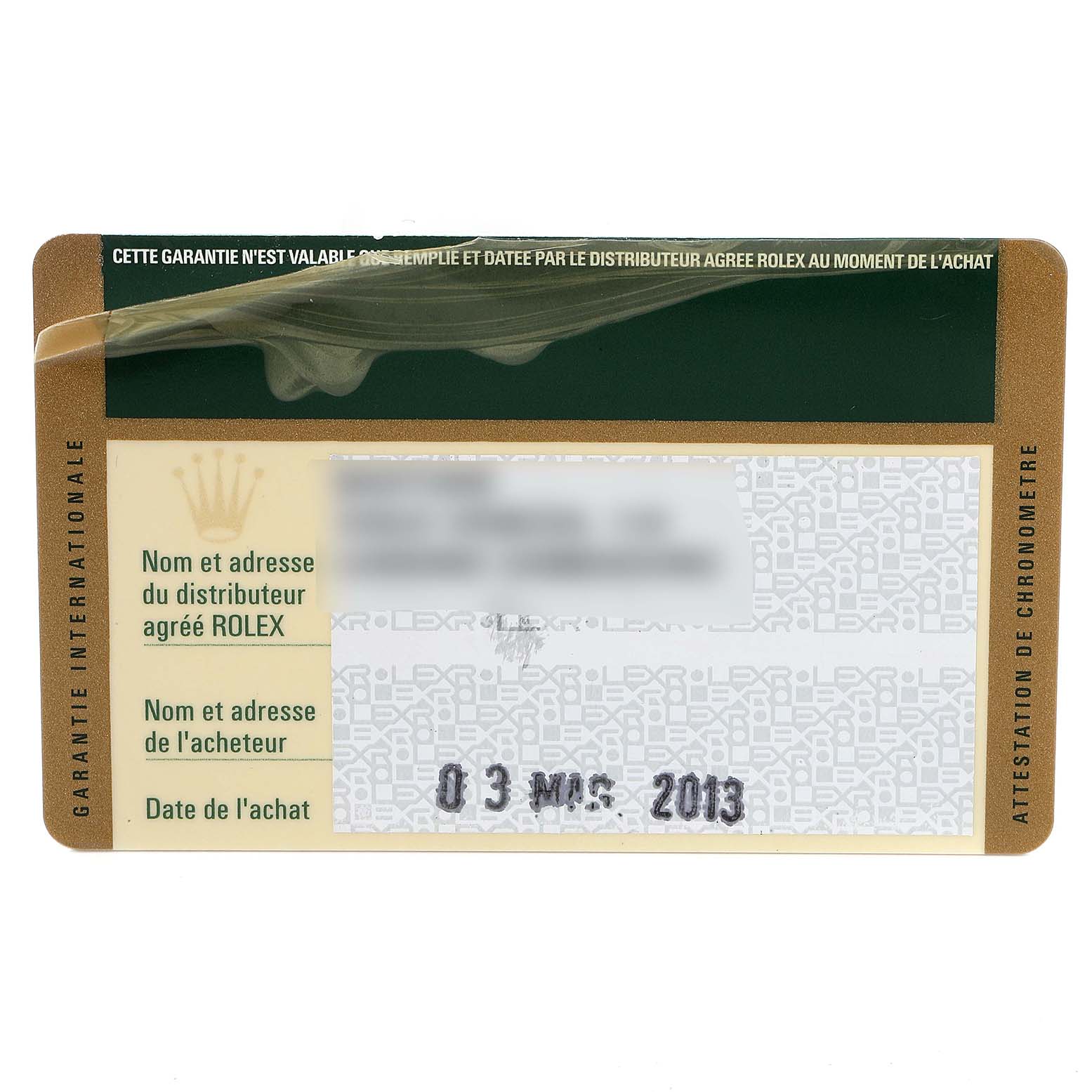 This image shows the front side of the guarantee card for a Rolex Submariner 116613 Men's Steel and Gold (two tone) Black Dial 116613 Men's Steel and Gold (two tone) Black Dial watch.