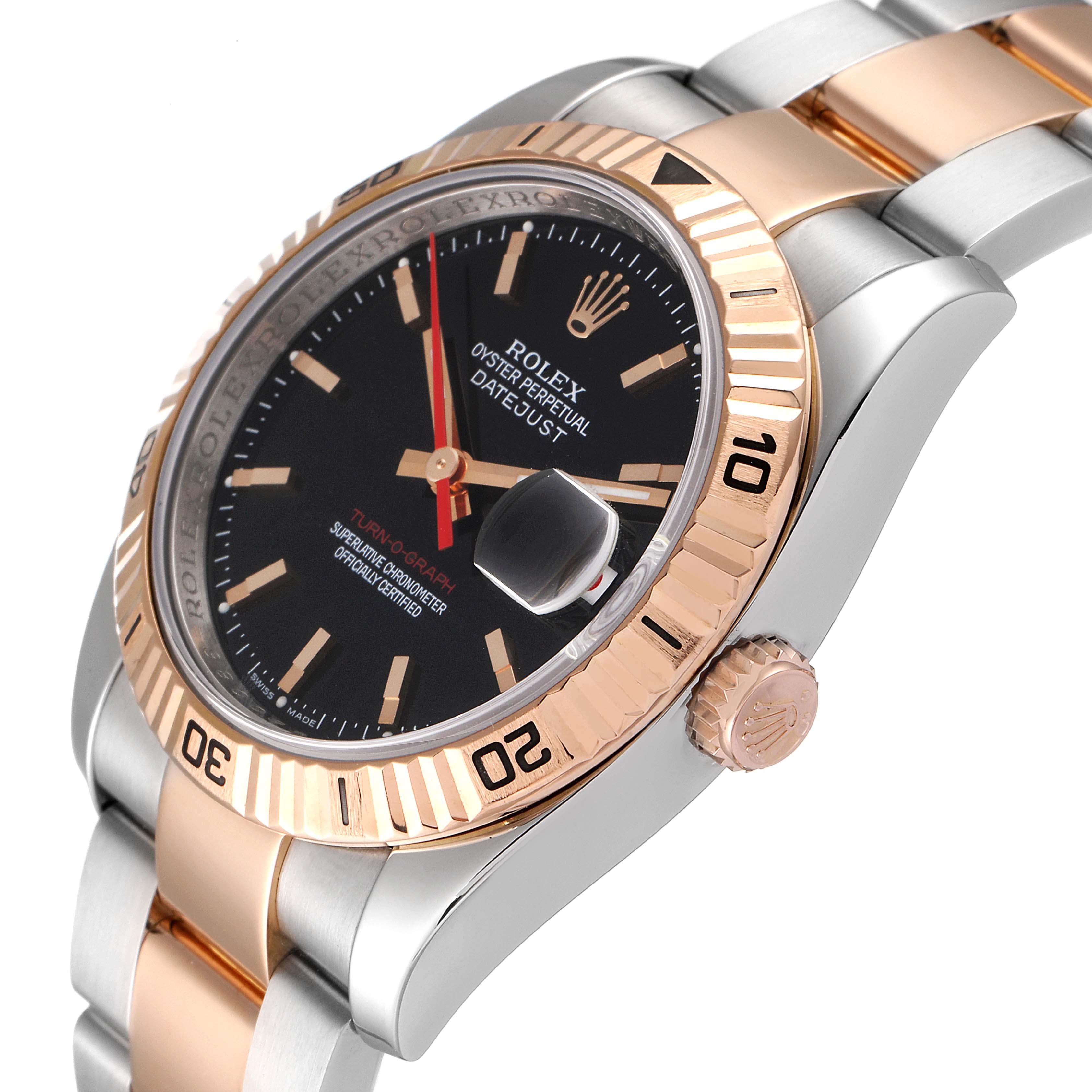 The Rolex Turn-o-Graph 116261 Men's Steel and Gold (two tone) Black Dial 116261 Men's Steel and Gold (two tone) Black Dial watch is shown from an angled side view highlighting its bezel, dial, crown, and bracelet.