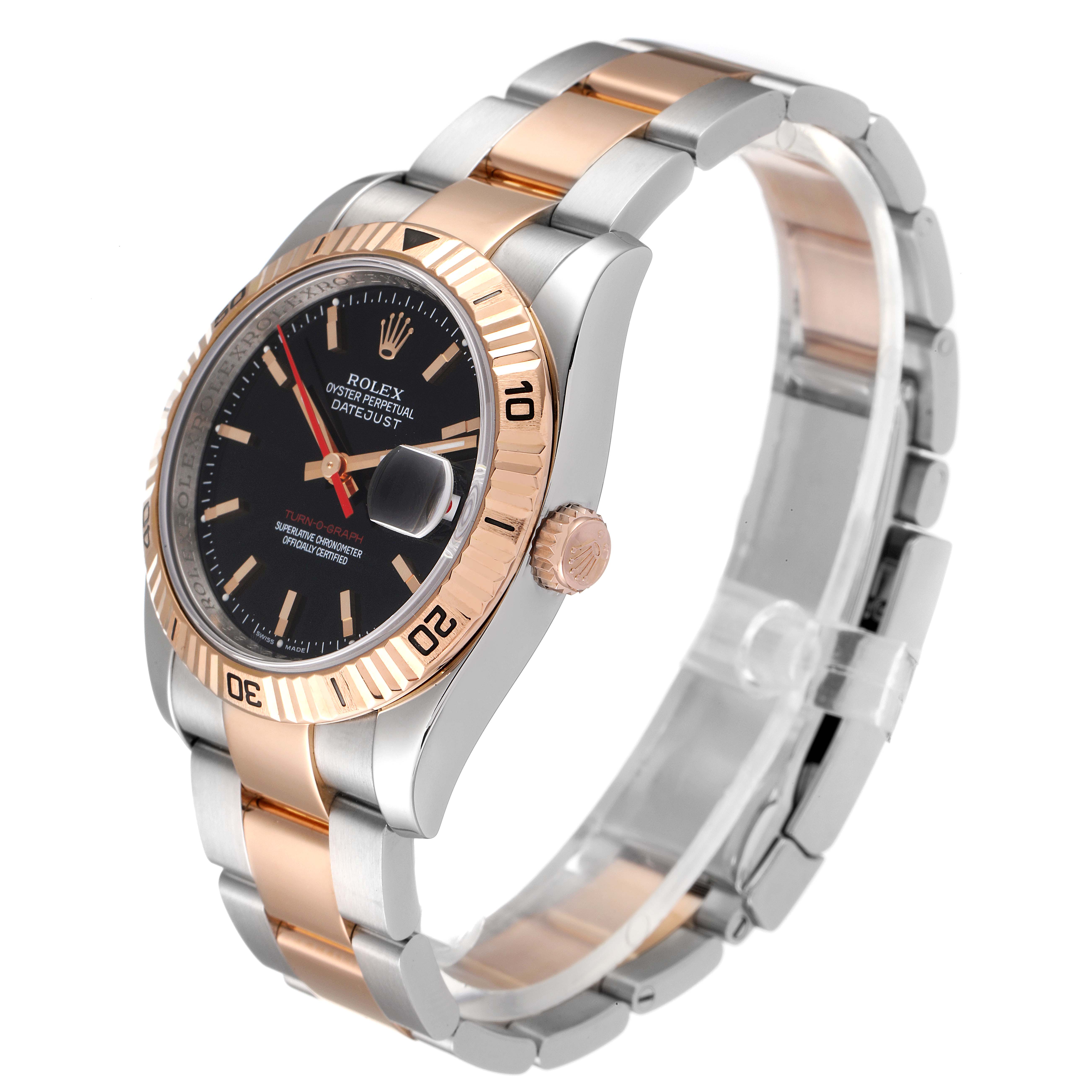 The Rolex Turn-o-Graph 116261 Men's Steel and Gold (two tone) Black Dial 116261 Men's Steel and Gold (two tone) Black Dial watch is shown at an angled side view, displaying the bezel, dial, crown, and bracelet.