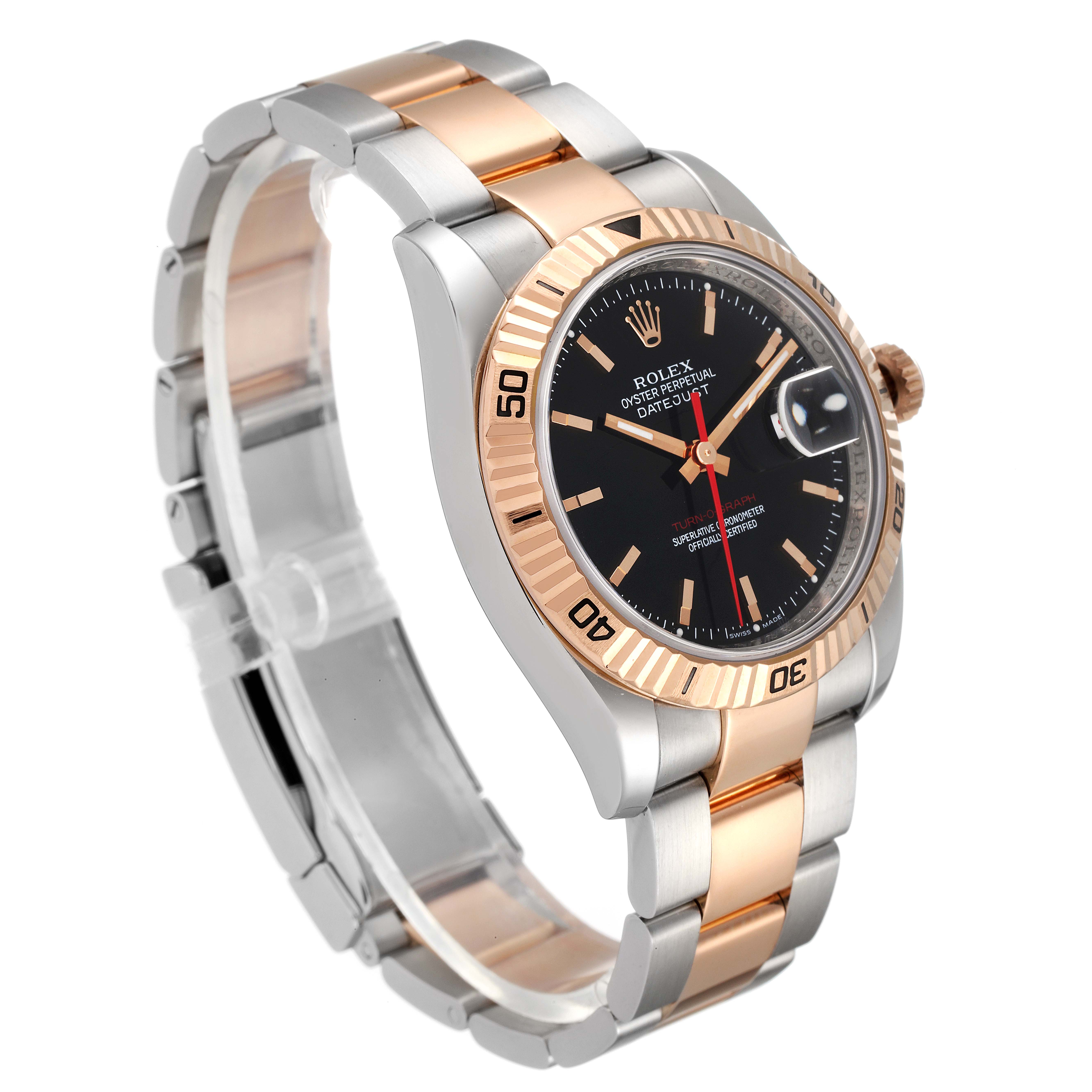The image shows a Rolex Turn-o-Graph 116261 Men's Steel and Gold (two tone) Black Dial 116261 Men's Steel and Gold (two tone) Black Dial watch angled from the front-left, highlighting the bezel, dial, and two-tone bracelet.