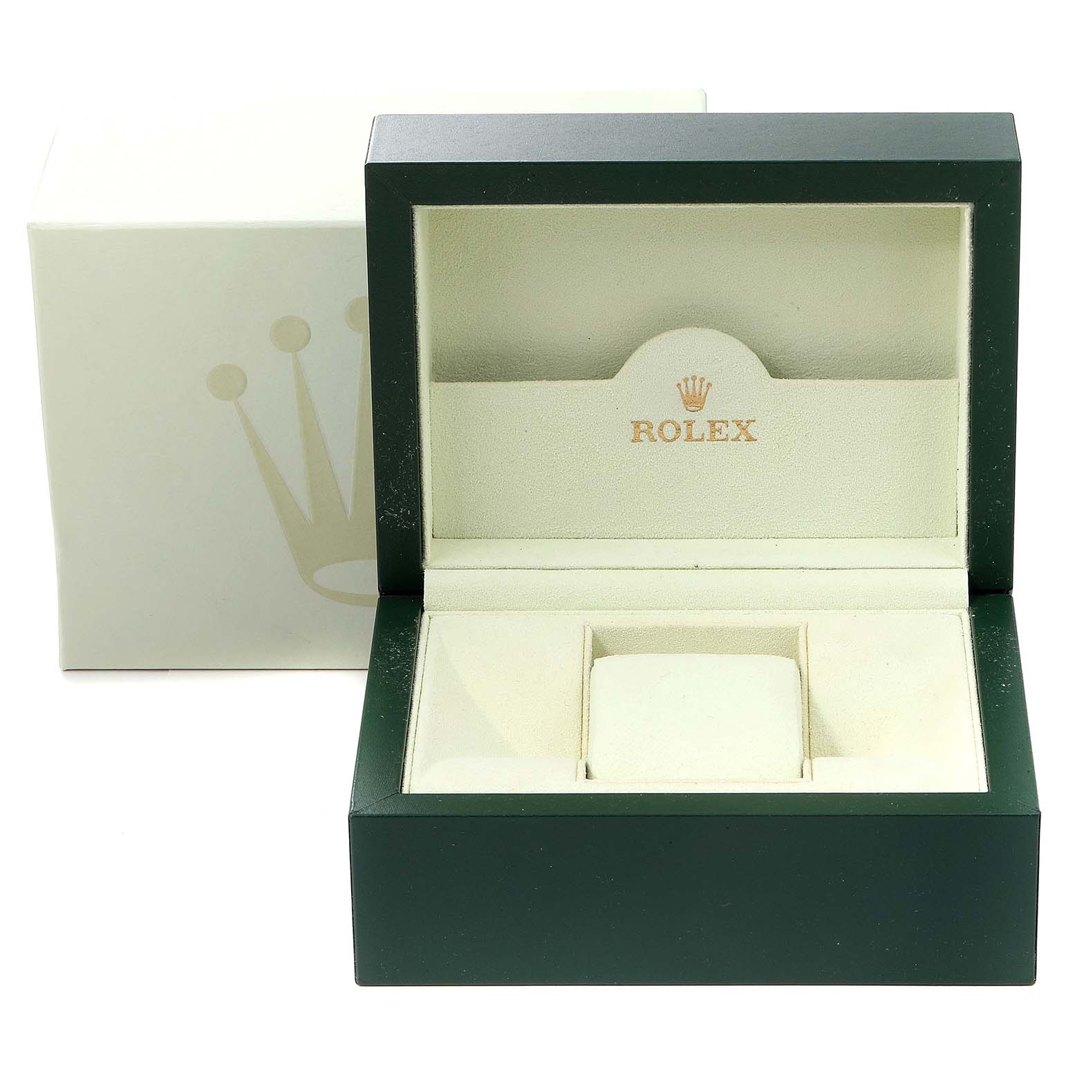 The image shows an open green Rolex box for the Turn-o-Graph model, displaying the interior without the watch.