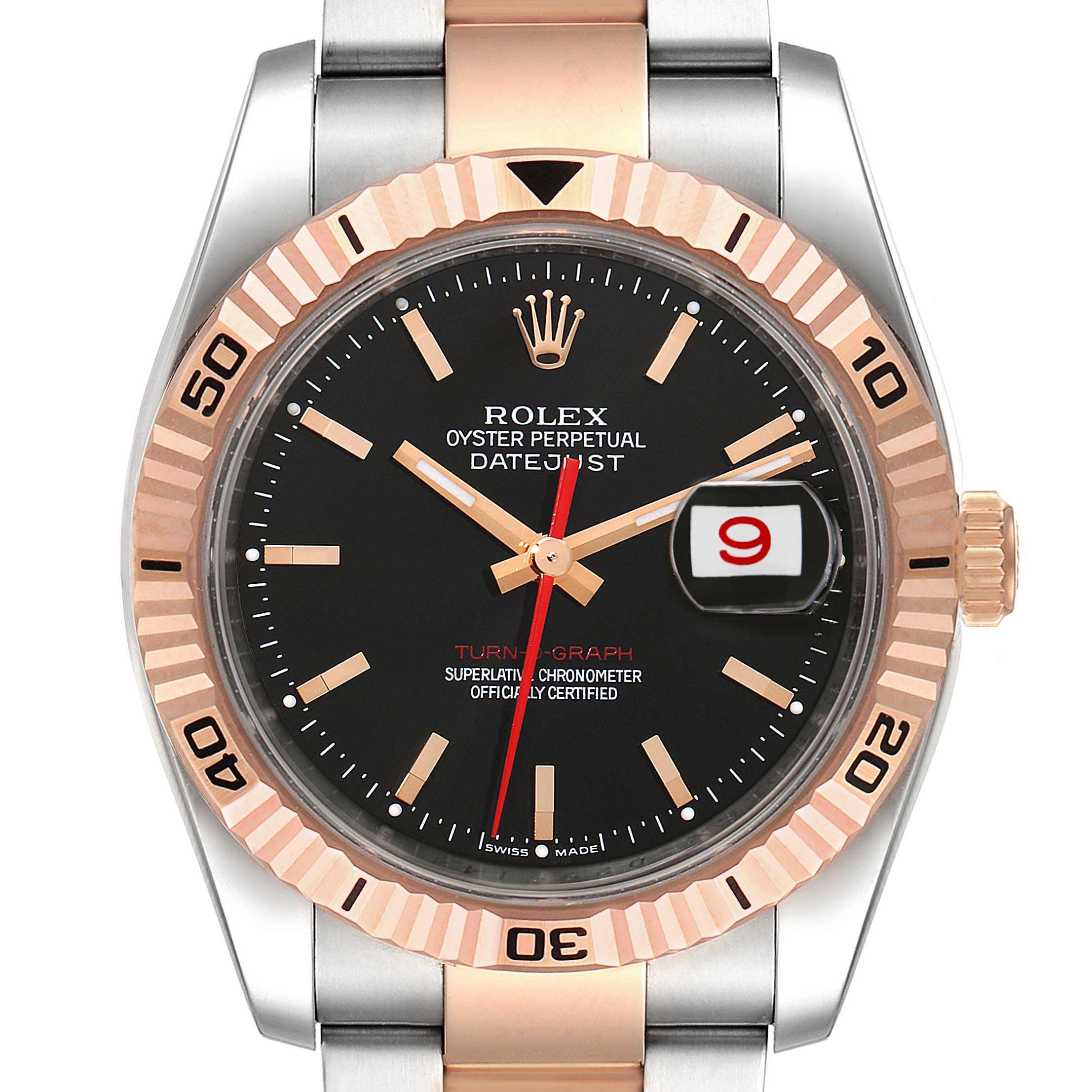 The image shows a front view of the Rolex Turn-o-Graph 116261 Men's Steel and Gold (two tone) Black Dial 116261 Men's Steel and Gold (two tone) Black Dial watch, highlighting the dial, date indicator, and bi-metal bezel and bracelet.