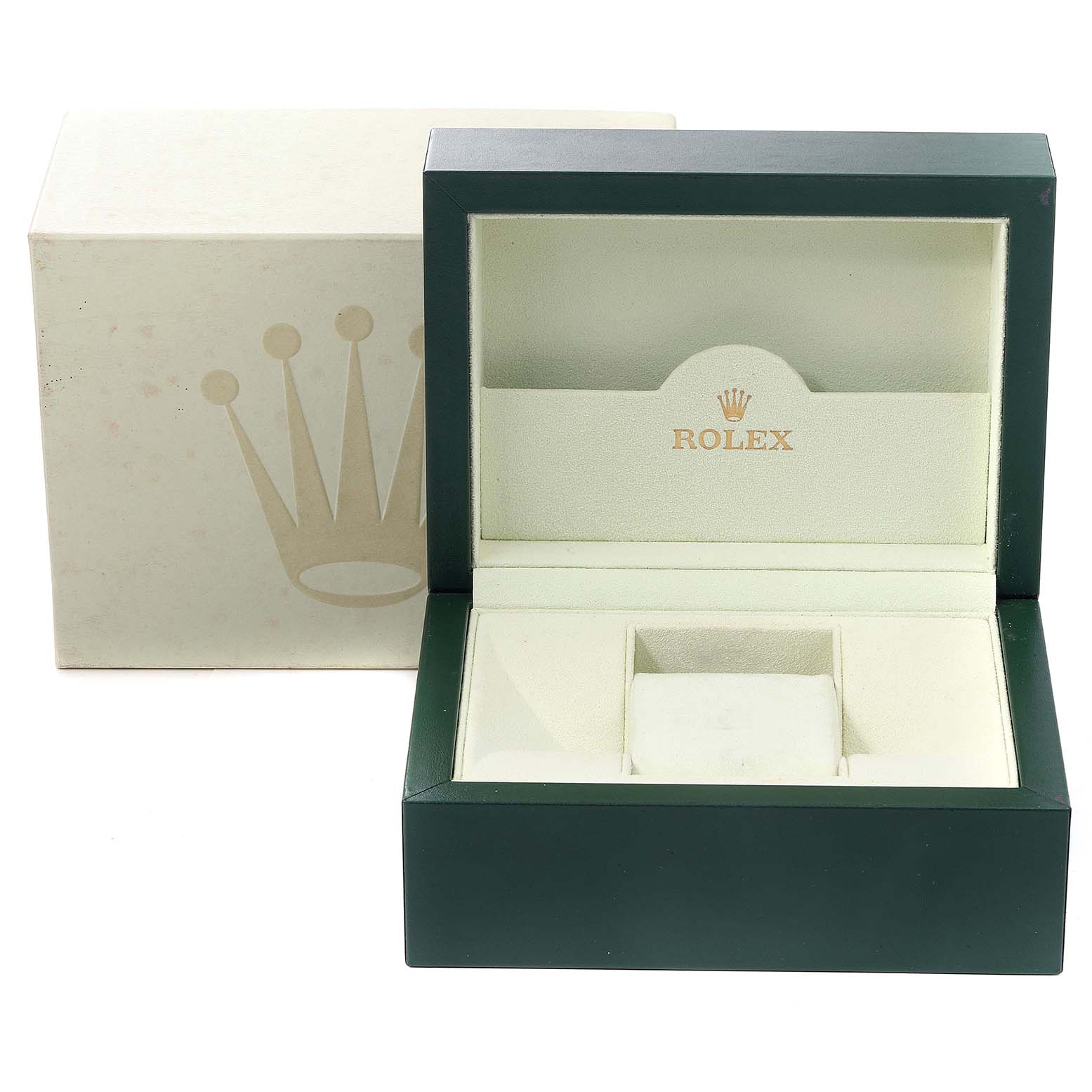 The image shows the open box and outer packaging for a Rolex Turn-o-Graph 116263 Men
s Steel and Gold (two tone) Grey Dial 116263 Men
s Steel and Gold (two tone) Grey Dial model watch.