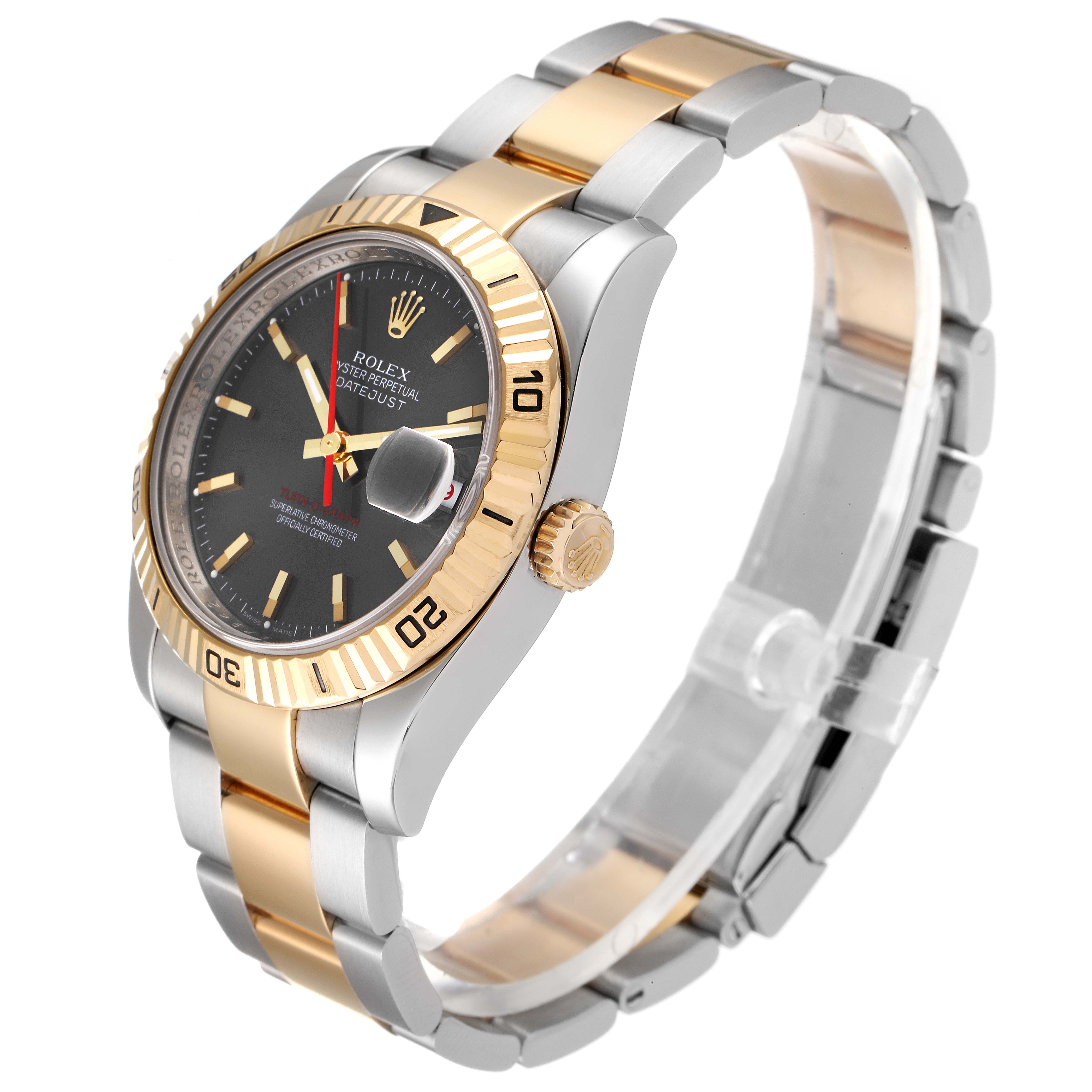 The Rolex Turn-o-Graph 116263 Men
s Steel and Gold (two tone) Grey Dial 116263 Men
s Steel and Gold (two tone) Grey Dial watch is shown at a side angle highlighting the gold bezel, crown, and two-tone bracelet.