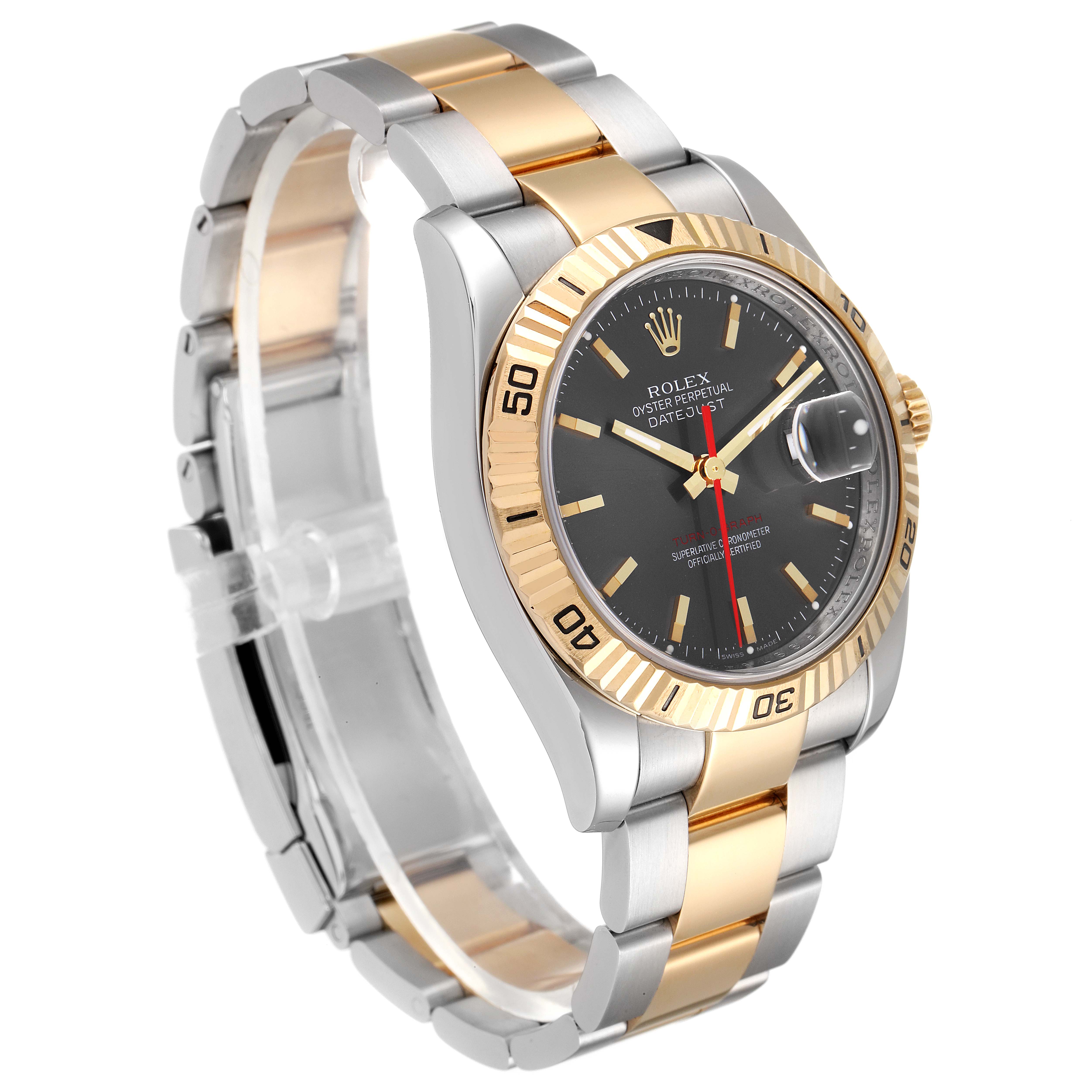 The Rolex Turn-o-Graph 116263 Men
s Steel and Gold (two tone) Grey Dial 116263 Men
s Steel and Gold (two tone) Grey Dial watch is shown at a three-quarter angle, highlighting the gold bezel, black face, and two-tone bracelet.