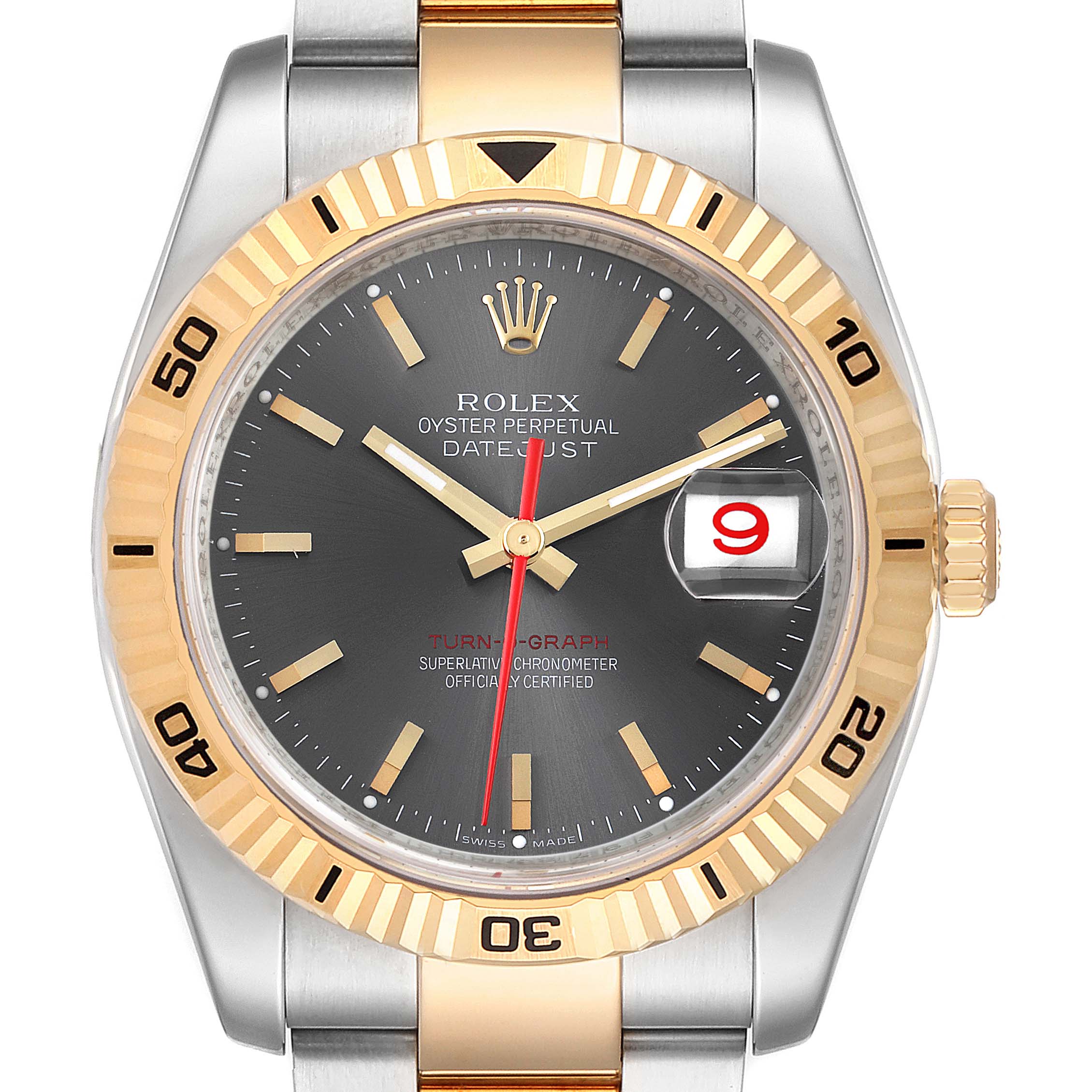 The image shows a front view of the Rolex Turn-o-Graph 116263 Men
s Steel and Gold (two tone) Grey Dial 116263 Men
s Steel and Gold (two tone) Grey Dial watch, highlighting its dial, hands, bezel, date window, and part of the bracelet.