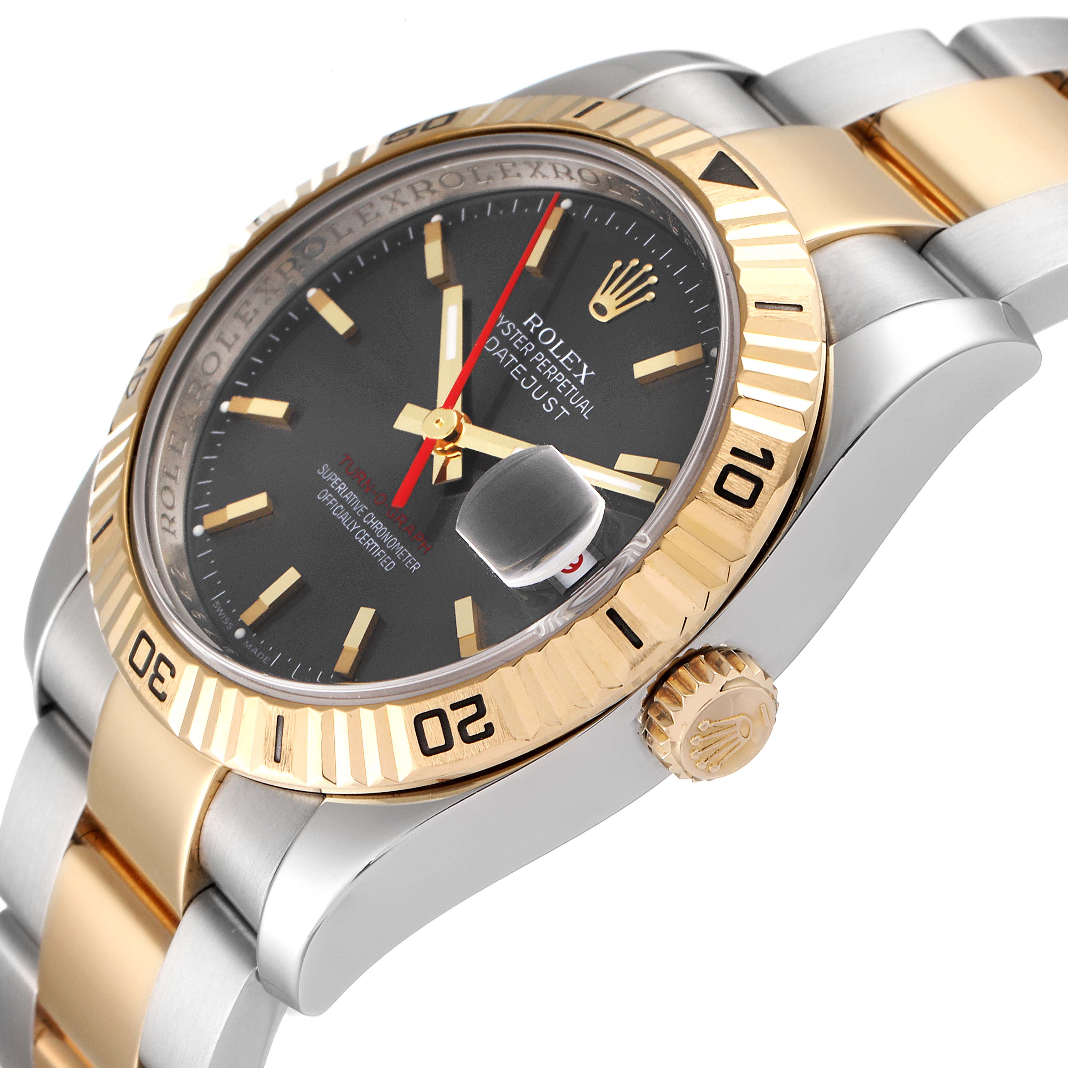 This image shows a close-up angle of the Rolex Turn-o-Graph 116263 Men
s Steel and Gold (two tone) Grey Dial 116263 Men
s Steel and Gold (two tone) Grey Dial watch, highlighting its bezel, dial, and bracelet.