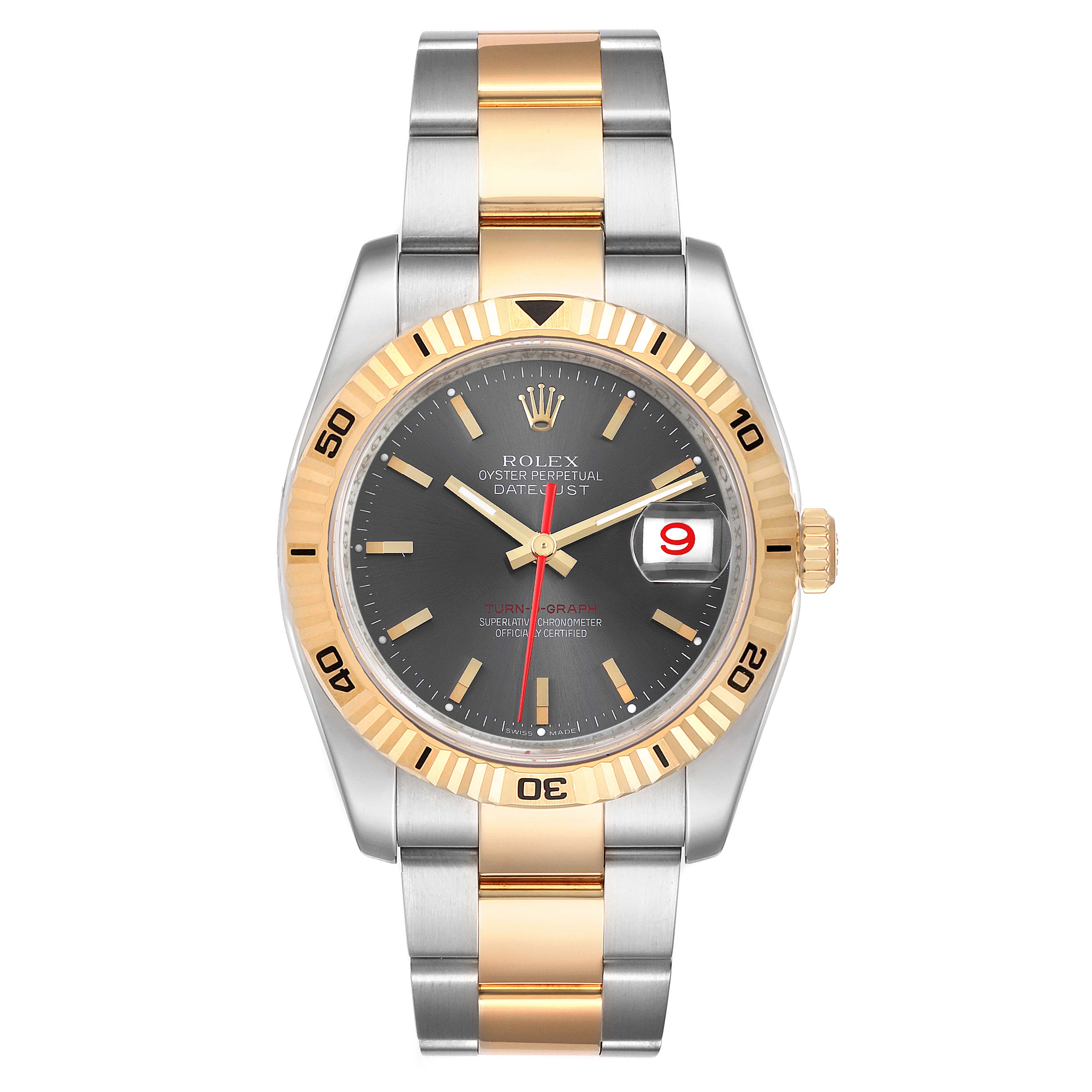 This image shows a front view of a Rolex Turn-o-Graph 116263 Men
s Steel and Gold (two tone) Grey Dial 116263 Men
s Steel and Gold (two tone) Grey Dial watch, highlighting its two-tone bracelet, date window, and rotatable bezel.