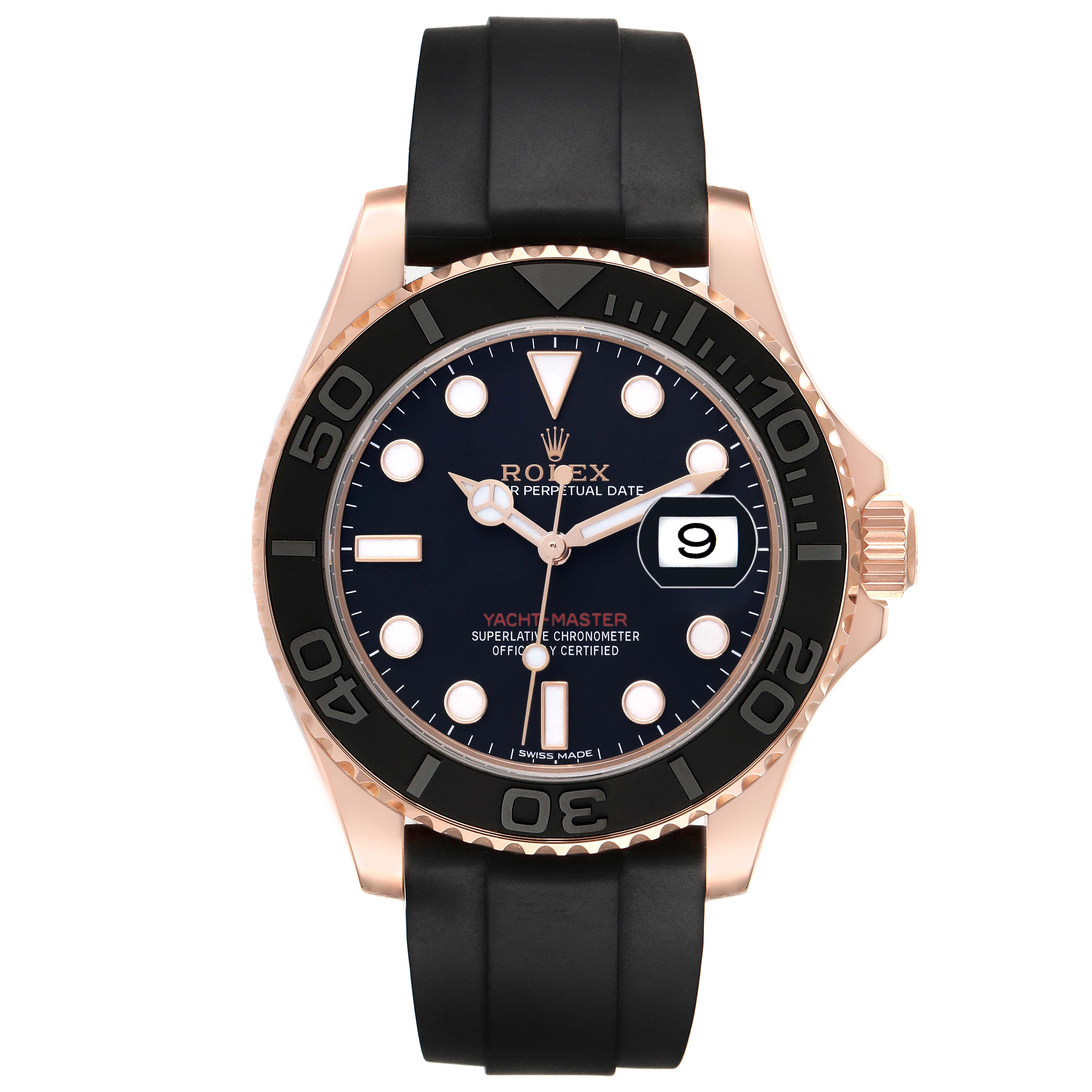 The Rolex Yacht-Master 116655 Men
s Rose Gold Black Dial watch is shown from the front, displaying its face, black bezel, and rubber strap.