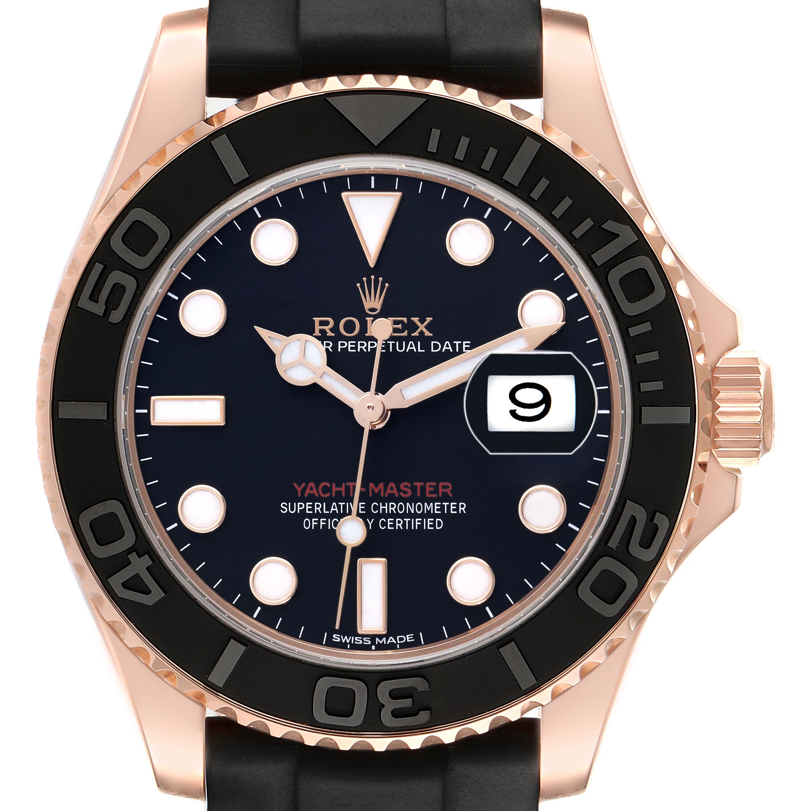 The Rolex Yacht-Master 116655 Men
s Rose Gold Black Dial watch is shown from a front angle, highlighting the dial, bezel, crown, and bracelet.