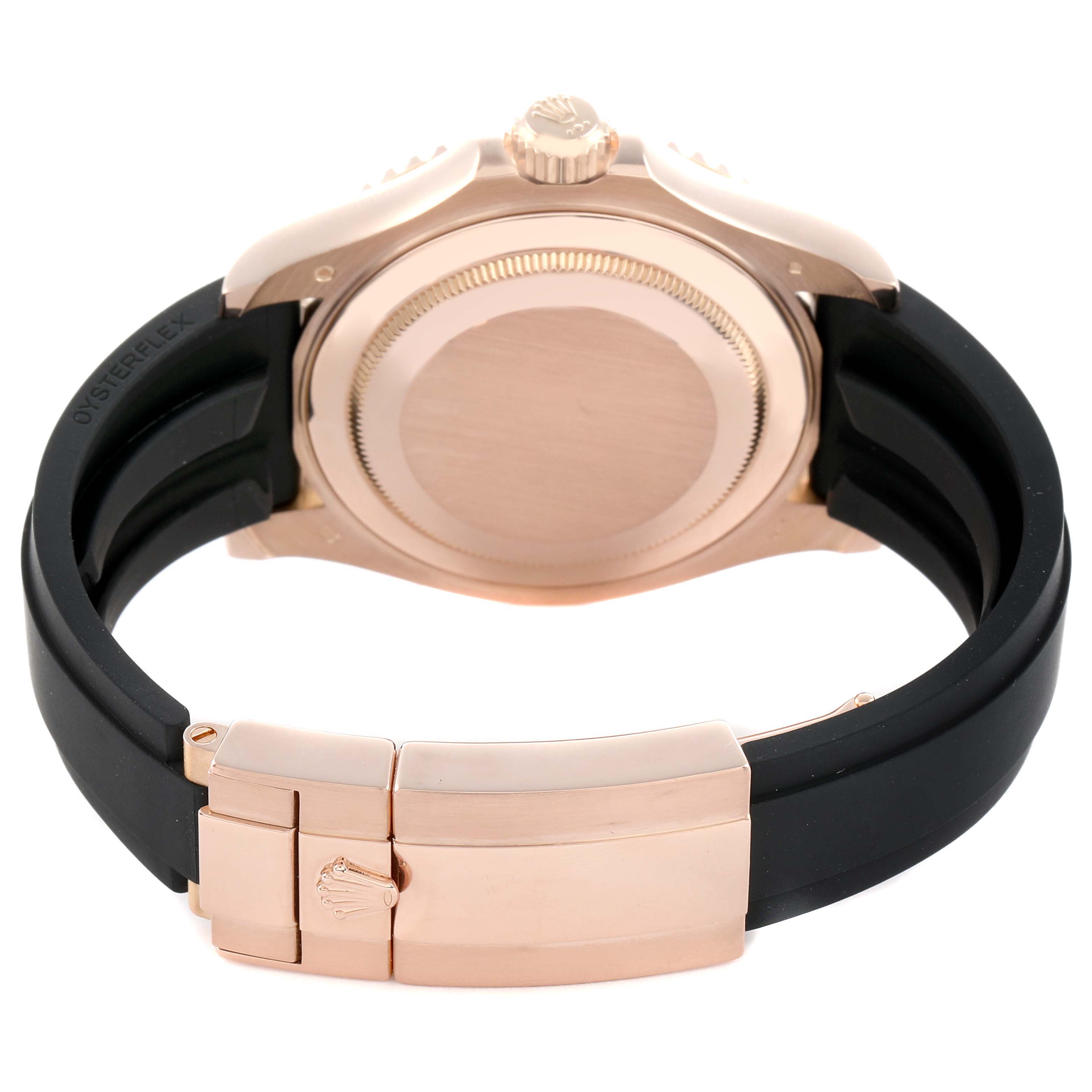 The image shows the Rolex Yacht-Master 116655 Men
s Rose Gold Black Dial
s case back, side view, and Oysterflex bracelet with deployment clasp.