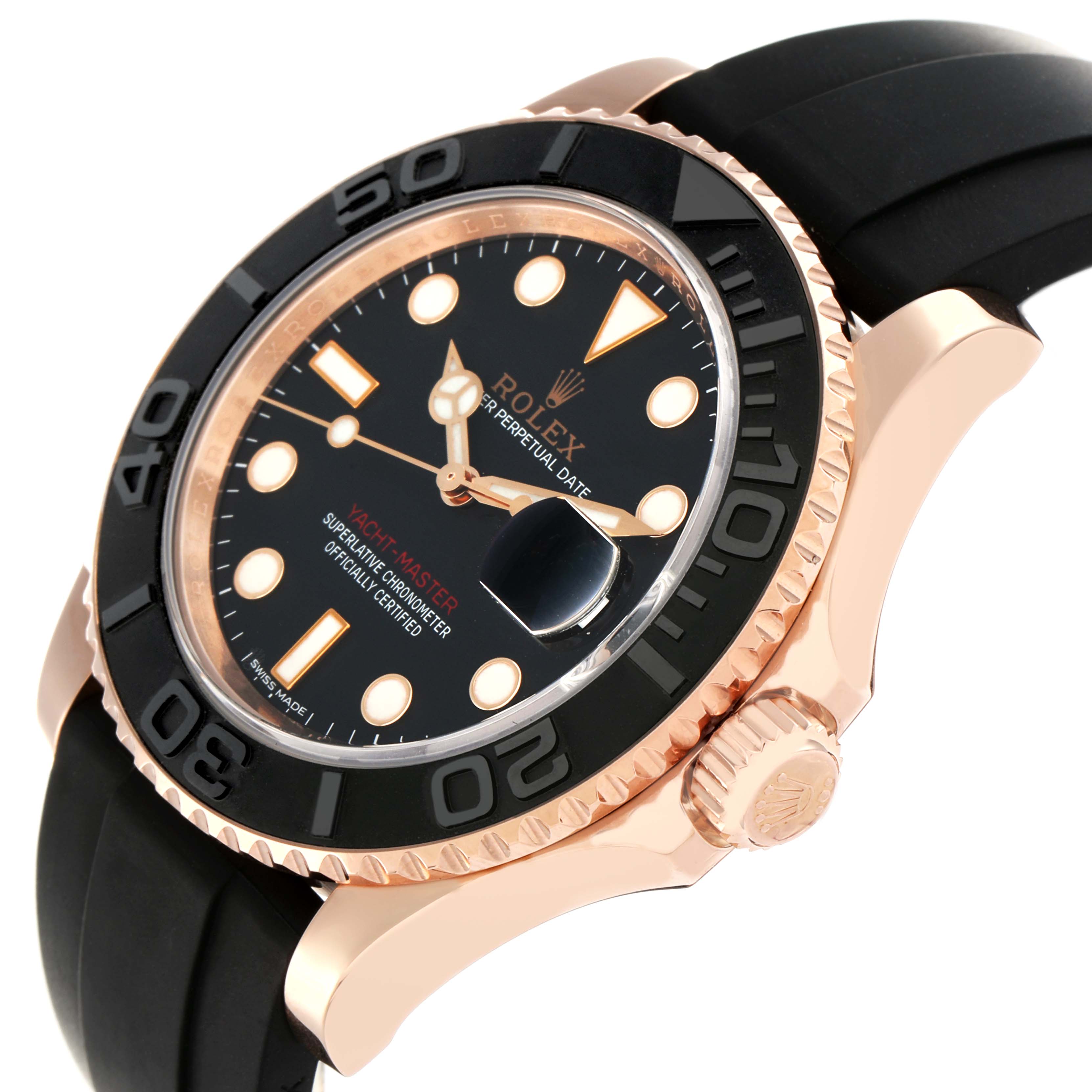 The Rolex Yacht-Master 116655 Men
s Rose Gold Black Dial watch is shown at a three-quarter angle, highlighting the black dial, bezel, and rubber strap.