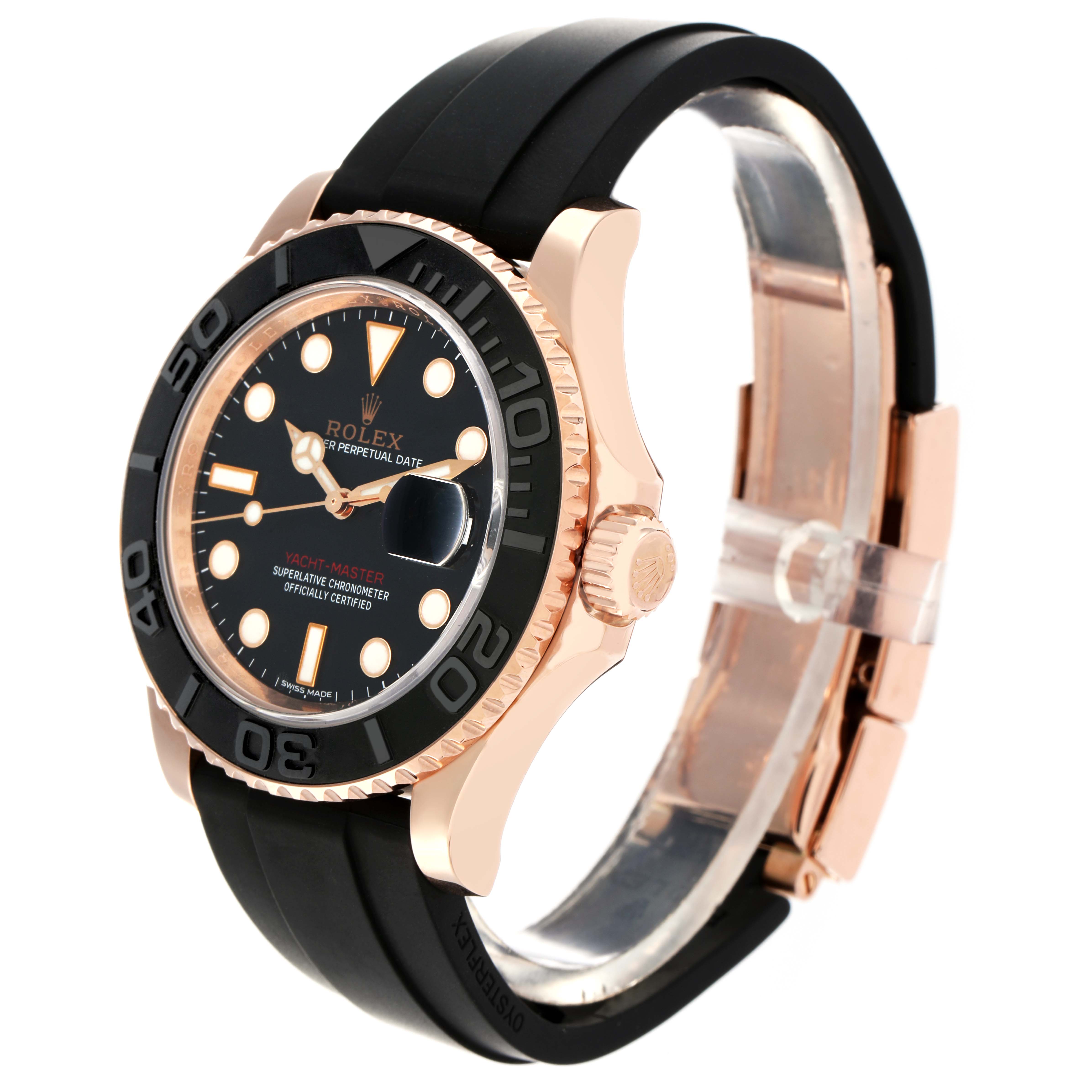 The Rolex Yacht-Master 116655 Men
s Rose Gold Black Dial watch is shown at a three-quarter angle, displaying its face, bezel, crown, and part of the strap.