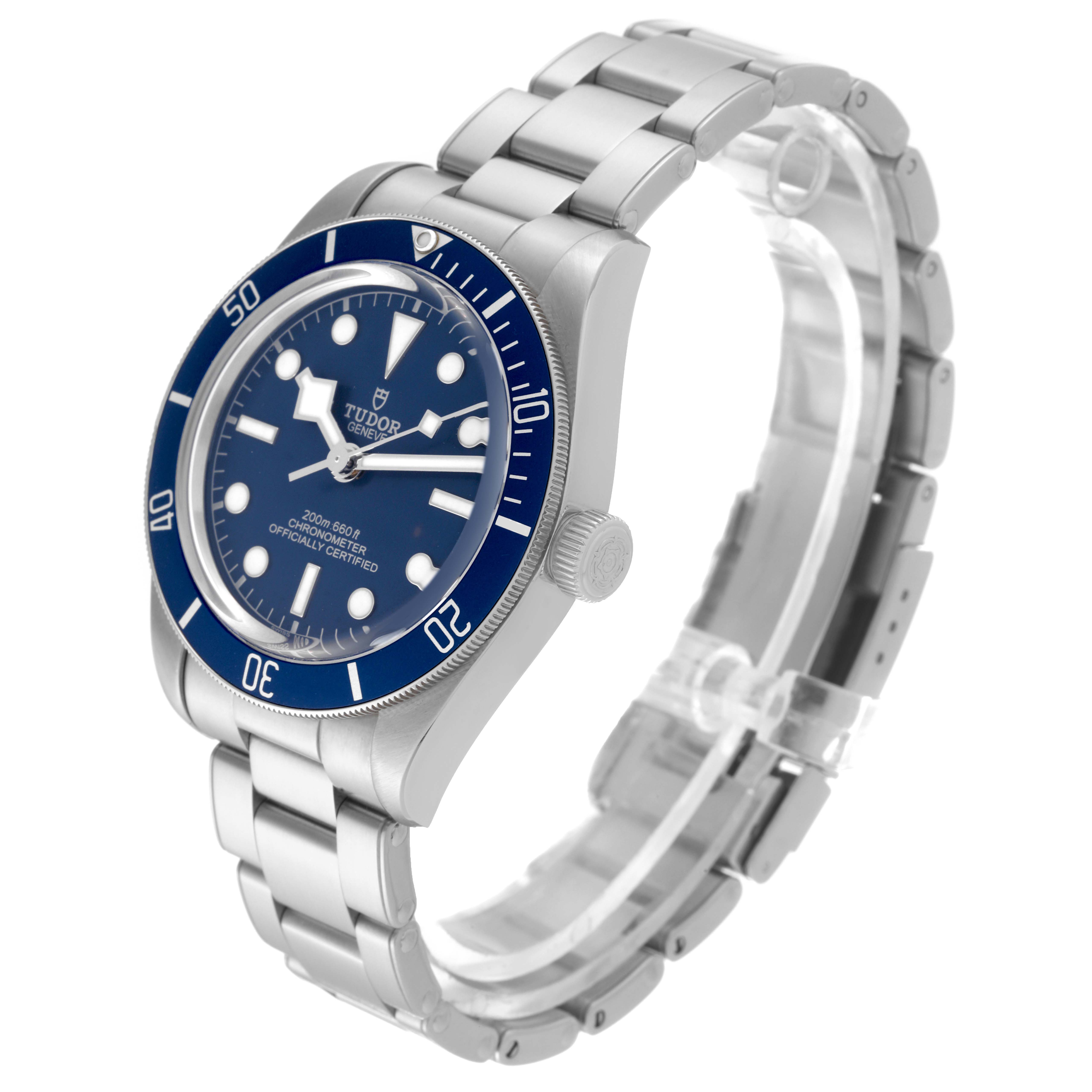 The Tudor Heritage Black Bay 79030 Men's Stainless Steel Blue Dial 79030 Men's Stainless Steel Blue Dial watch is shown at a three-quarter angle, highlighting the blue dial, bezel, and stainless steel bracelet.