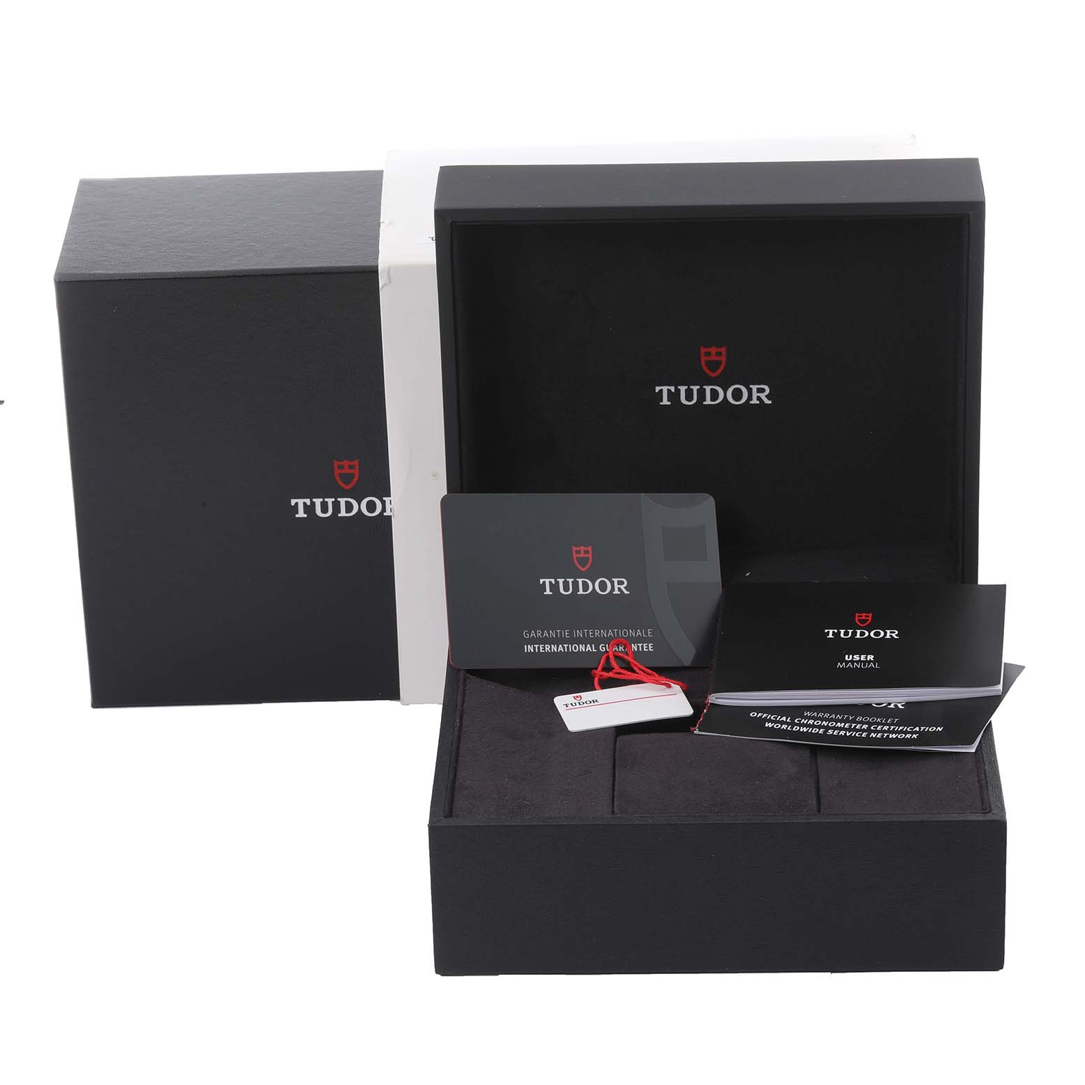 The image displays the packaging, warranty card, and manuals for the Tudor Heritage Black Bay 79030 Men's Stainless Steel Blue Dial 79030 Men's Stainless Steel Blue Dial watch.