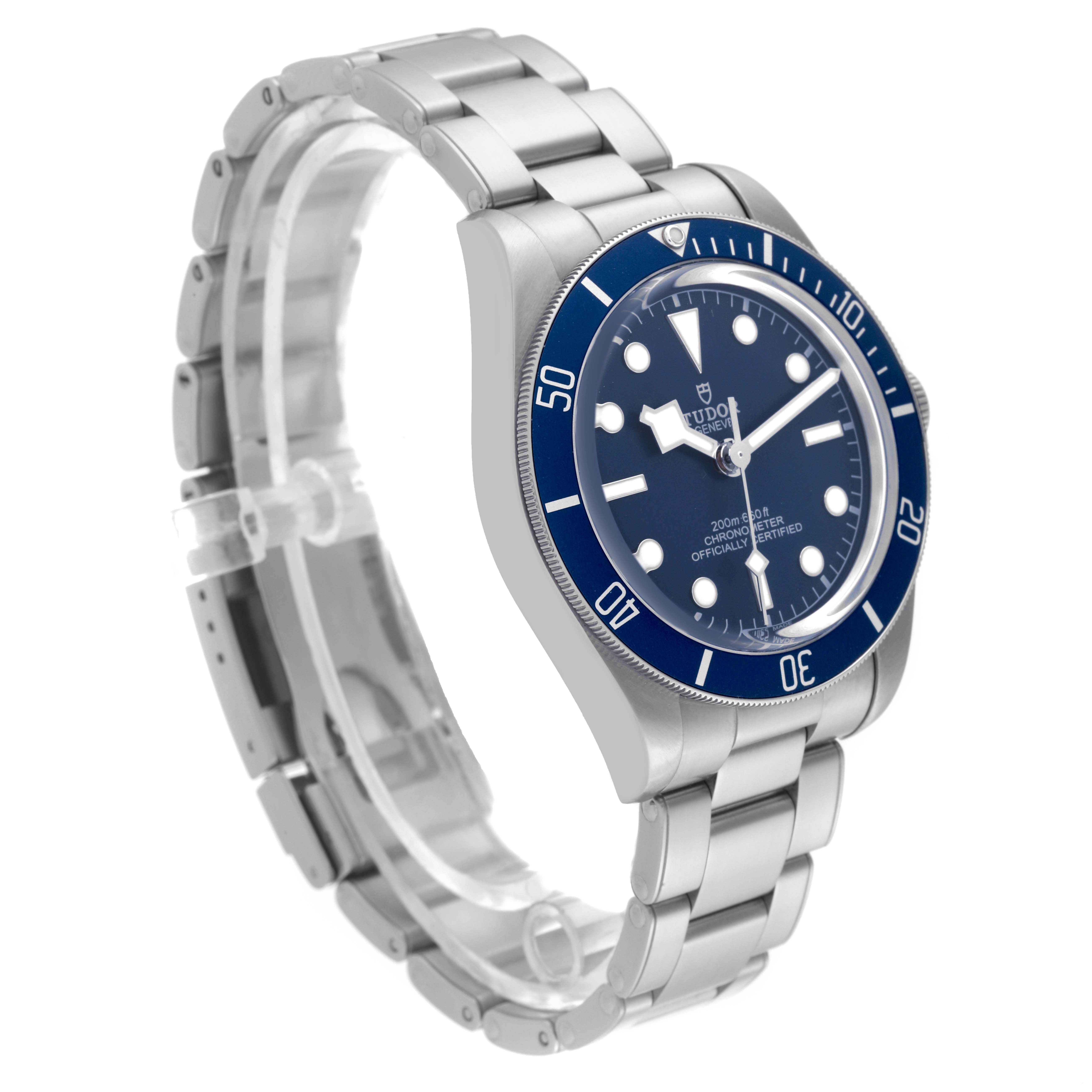 The image shows a Tudor Heritage Black Bay 79030 Men's Stainless Steel Blue Dial 79030 Men's Stainless Steel Blue Dial watch angled from the right side, highlighting its blue bezel and stainless steel bracelet.