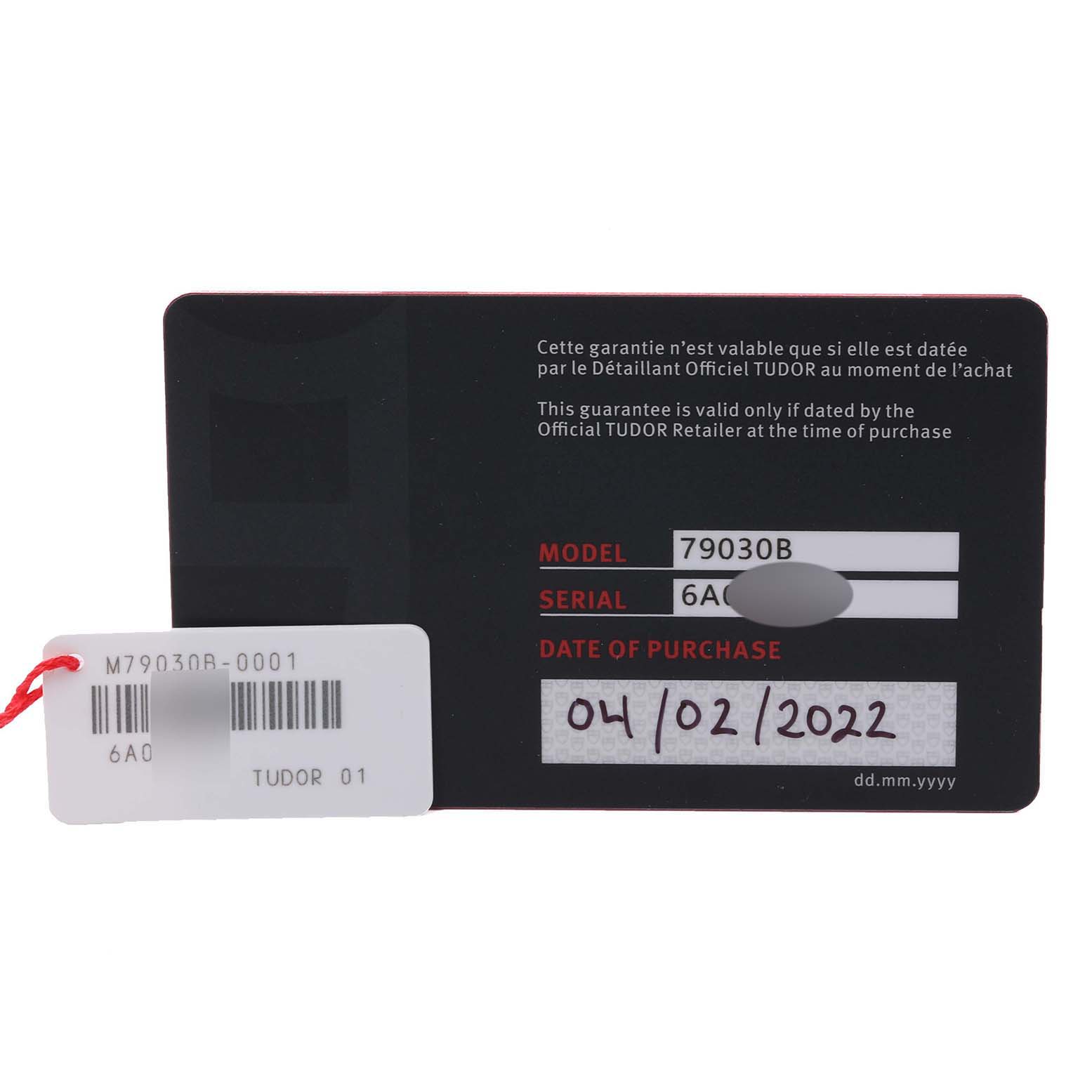 This image shows the warranty card for the Tudor Heritage Black Bay 79030 Men's Stainless Steel Blue Dial 79030 Men's Stainless Steel Blue Dial model 79030B with purchase details.