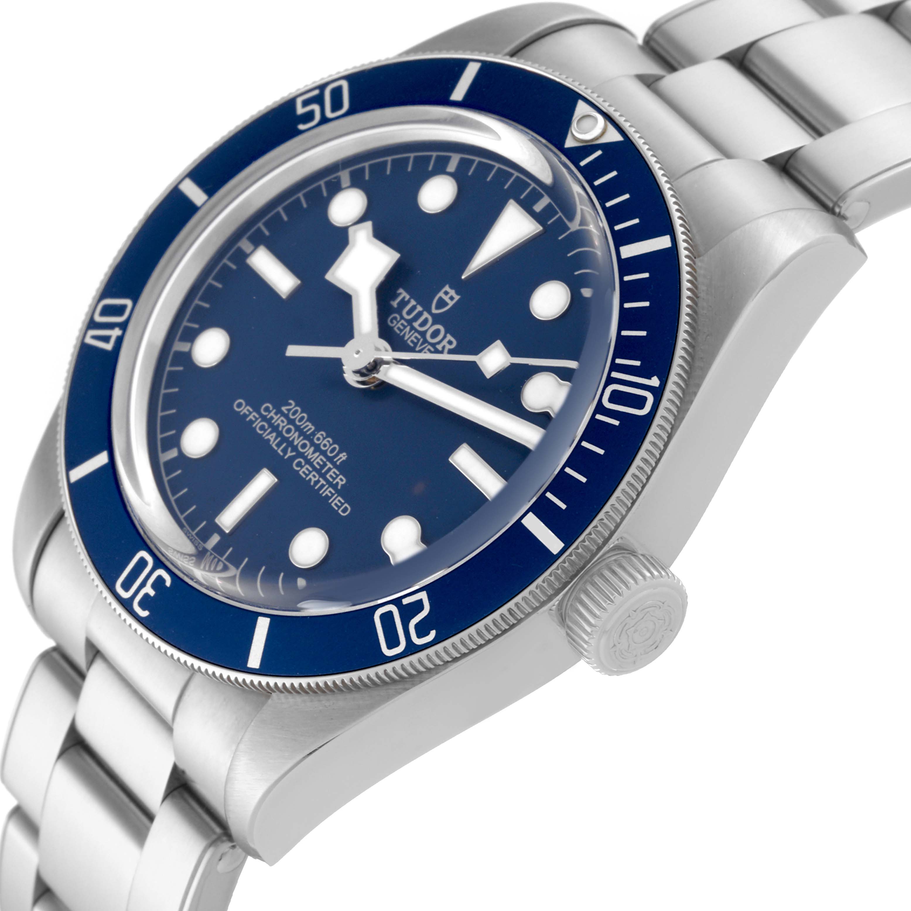 The Tudor Heritage Black Bay 79030 Men's Stainless Steel Blue Dial 79030 Men's Stainless Steel Blue Dial watch is shown at a side angle, highlighting the bezel, crown, and a portion of the bracelet.
