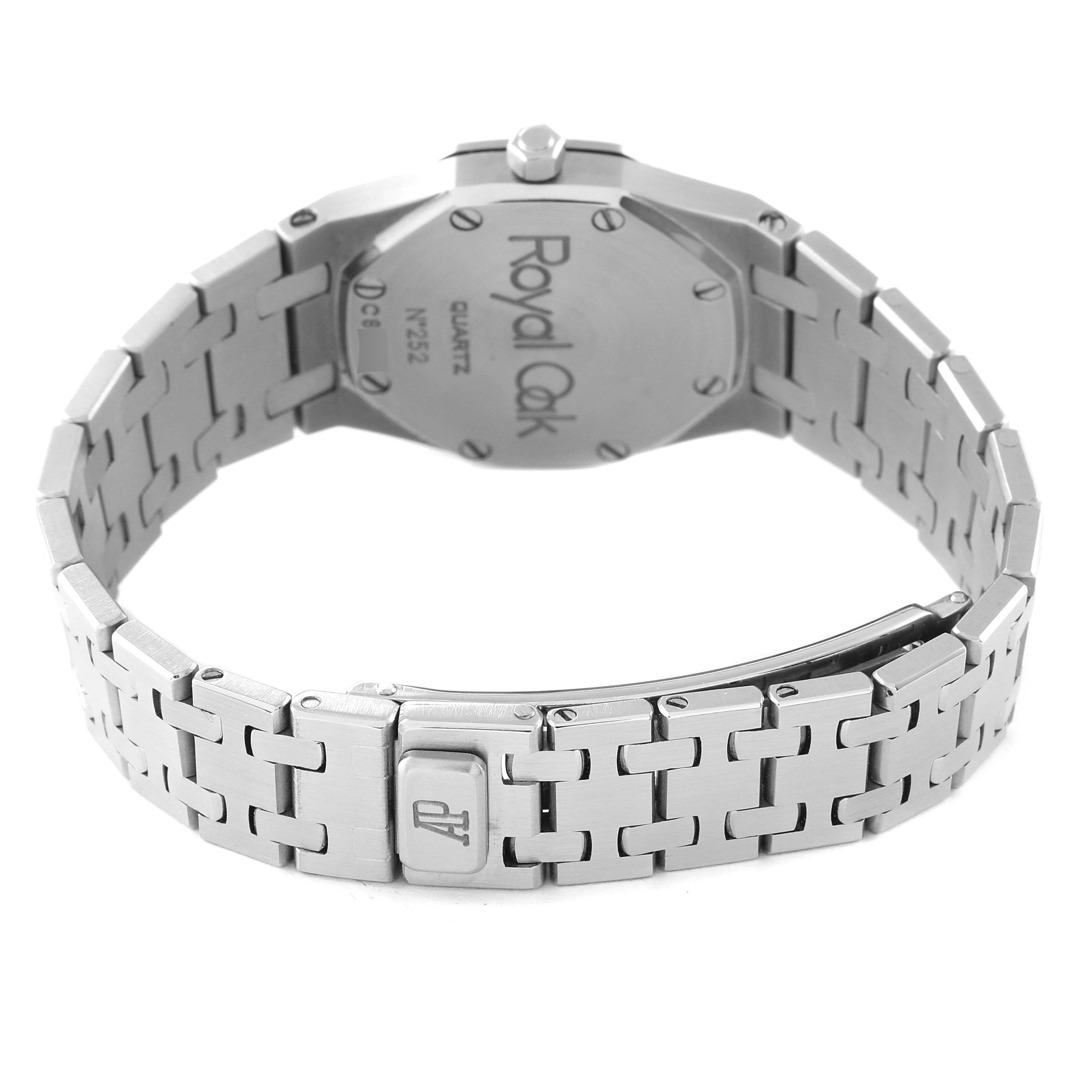 The image shows the back case and bracelet of an Audemars Piguet Royal Oak Women
s Stainless Steel Black Dial Women
s Stainless Steel Black Dial watch viewed from a rear angle.