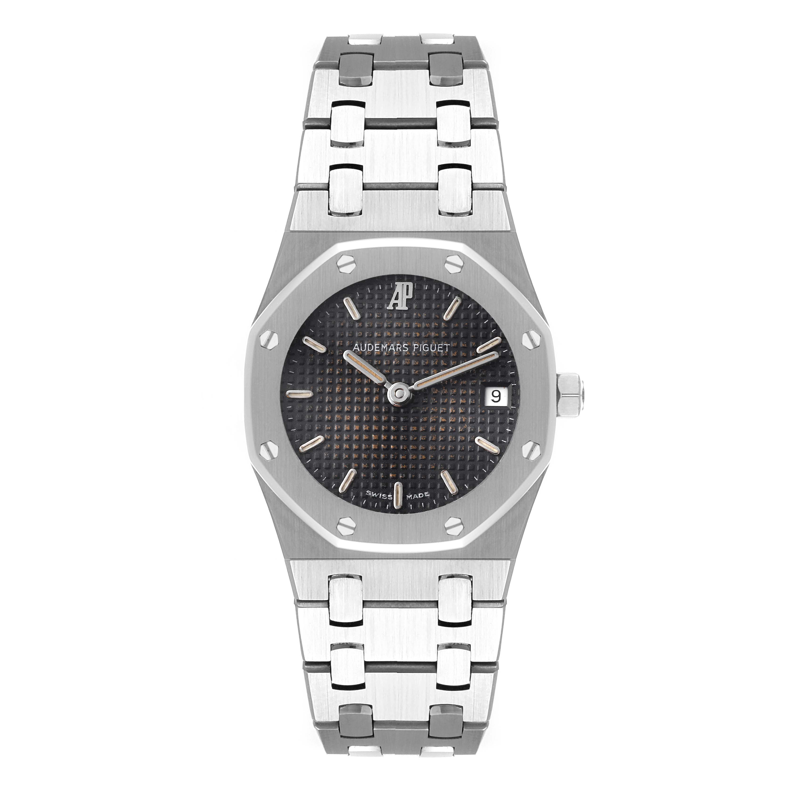 This is a front view of an Audemars Piguet Royal Oak Women
s Stainless Steel Black Dial Women
s Stainless Steel Black Dial showing the face, bezel, crown, and full bracelet.