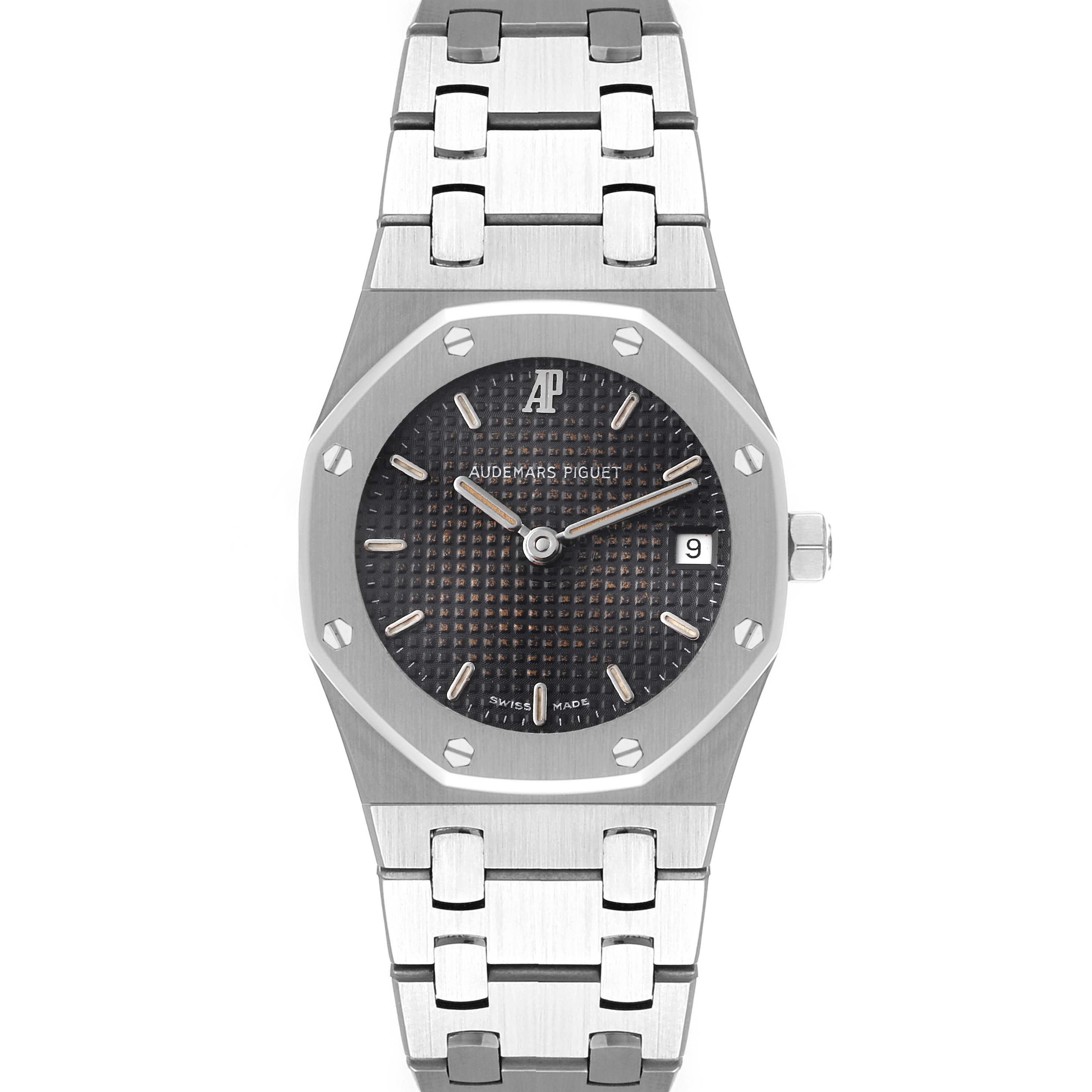 This image shows the front view of an Audemars Piguet Royal Oak Women
s Stainless Steel Black Dial Women
s Stainless Steel Black Dial watch with a visible dial, bezel, bracelet, and crown.
