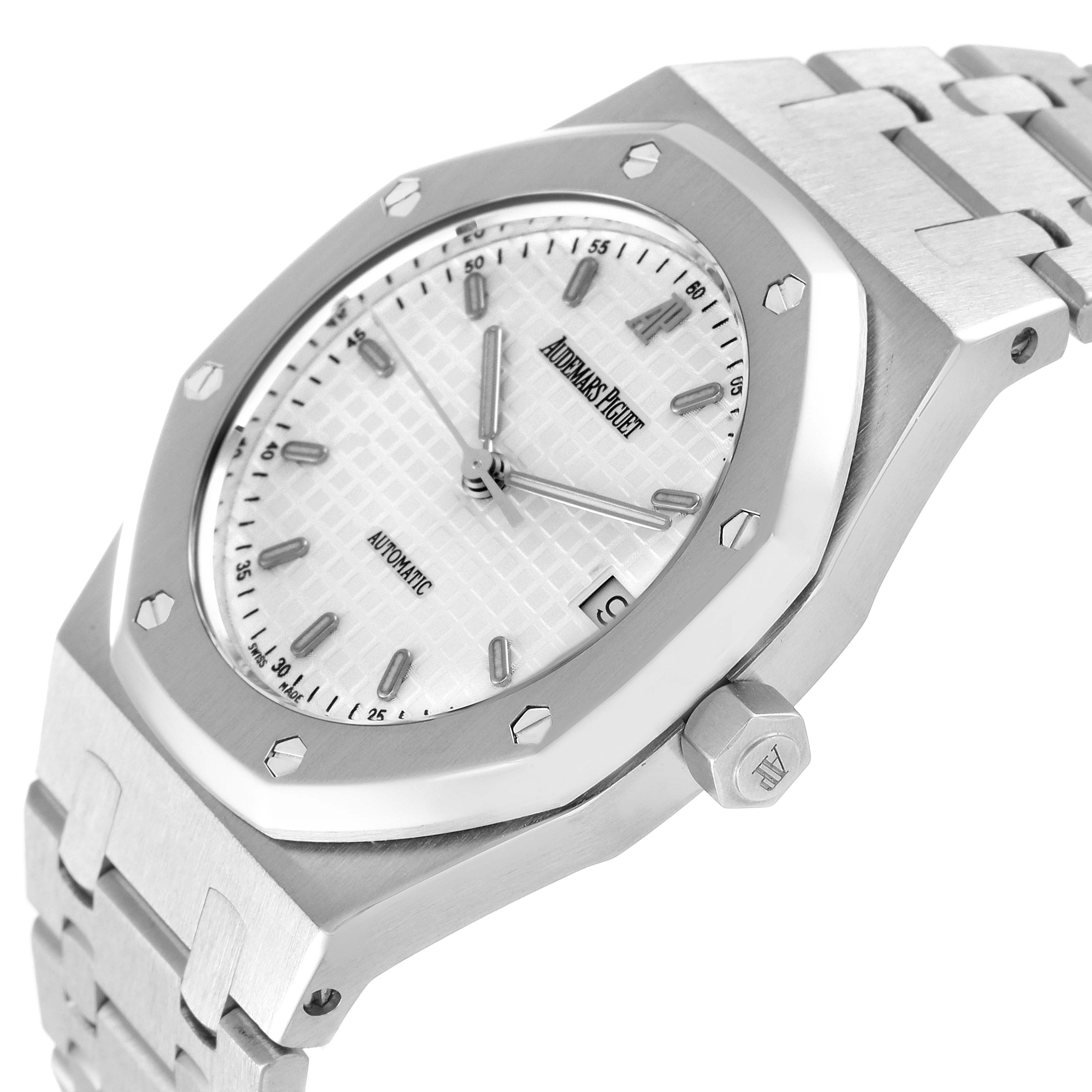 The image shows a Royal Oak model by Audemars Piguet, angled from the front-right, displaying the dial, bezel, and part of the bracelet.