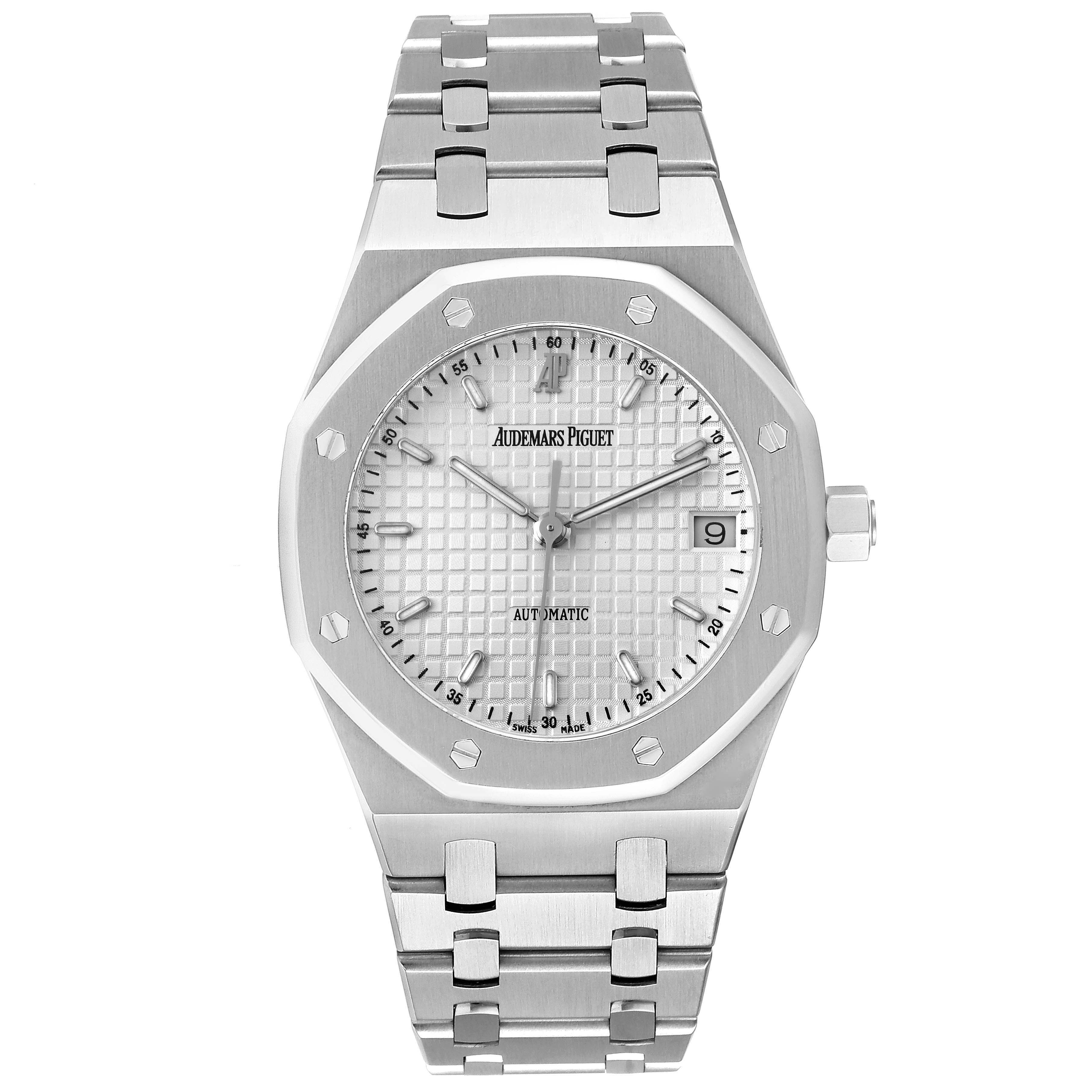 This image shows a front view of the Audemars Piguet Royal Oak 14790ST Men's Stainless Steel Silver Dial 14790ST Men's Stainless Steel Silver Dial watch, highlighting its bracelet, octagonal bezel, and dial.