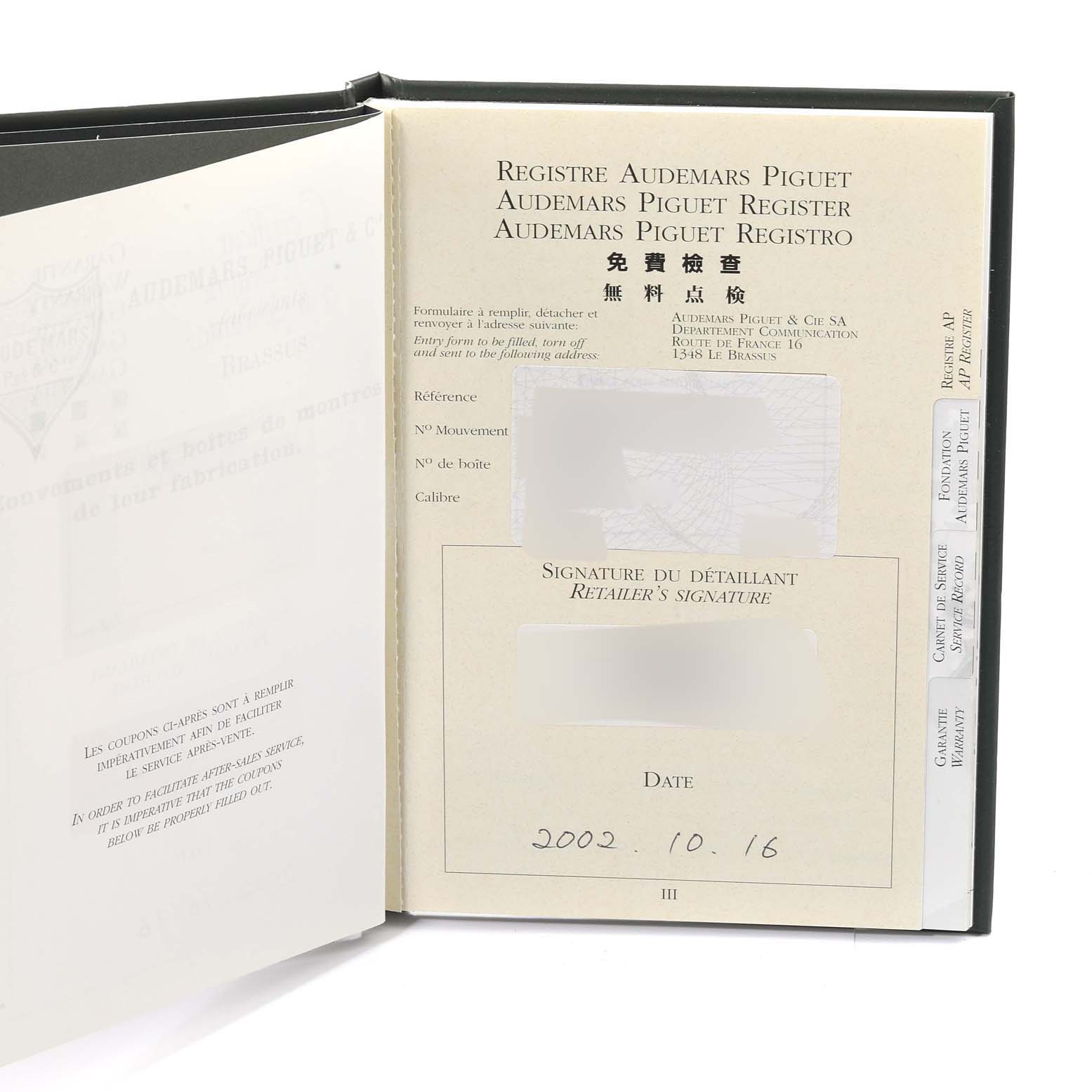 The image shows the open warranty booklet for an Audemars Piguet Royal Oak 14790ST Men's Stainless Steel Silver Dial 14790ST Men's Stainless Steel Silver Dial watch, dated October 16, 2002.