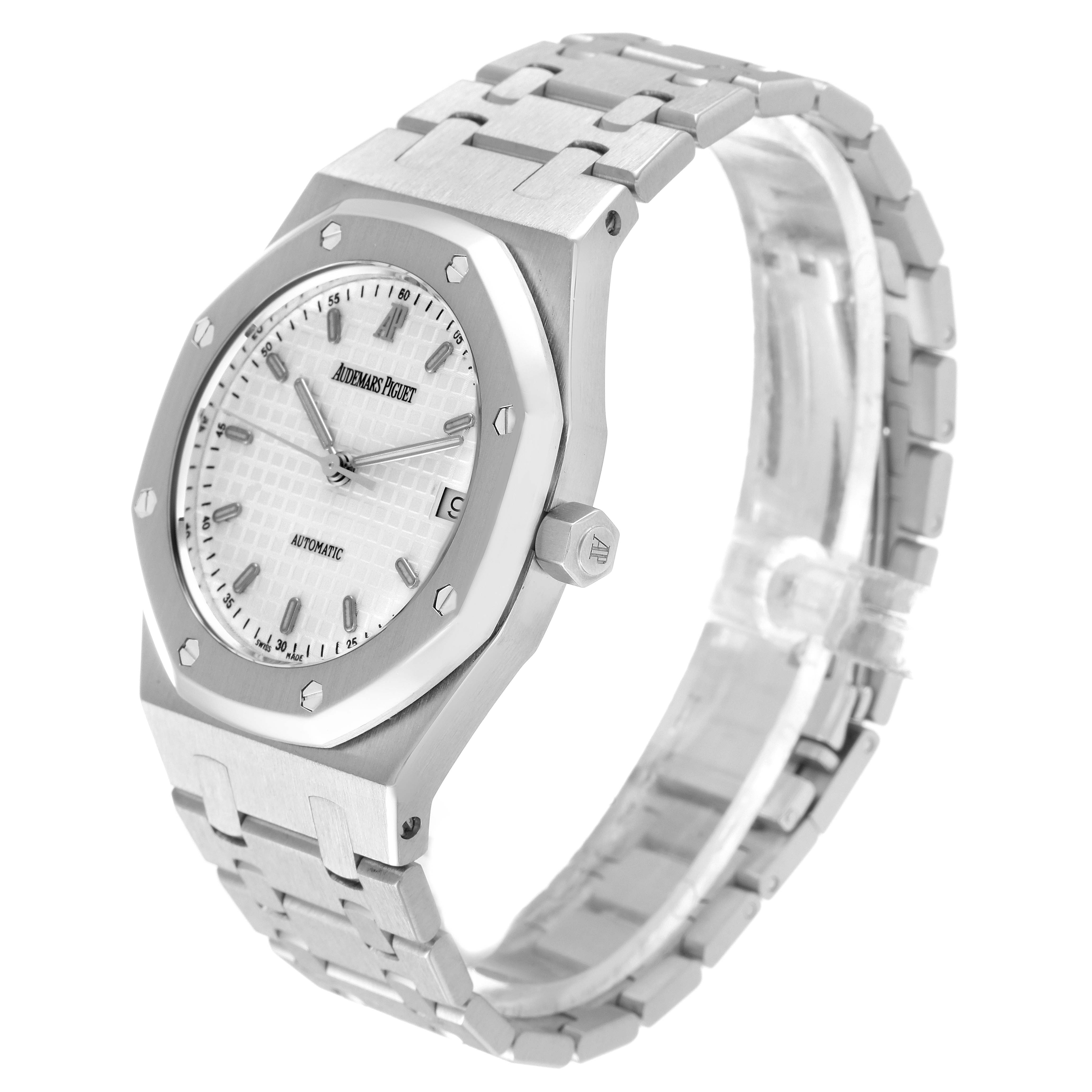 This image shows a side angle of the Audemars Piguet Royal Oak 14790ST Men's Stainless Steel Silver Dial 14790ST Men's Stainless Steel Silver Dial watch, highlighting the case, bezel, dial, and bracelet.