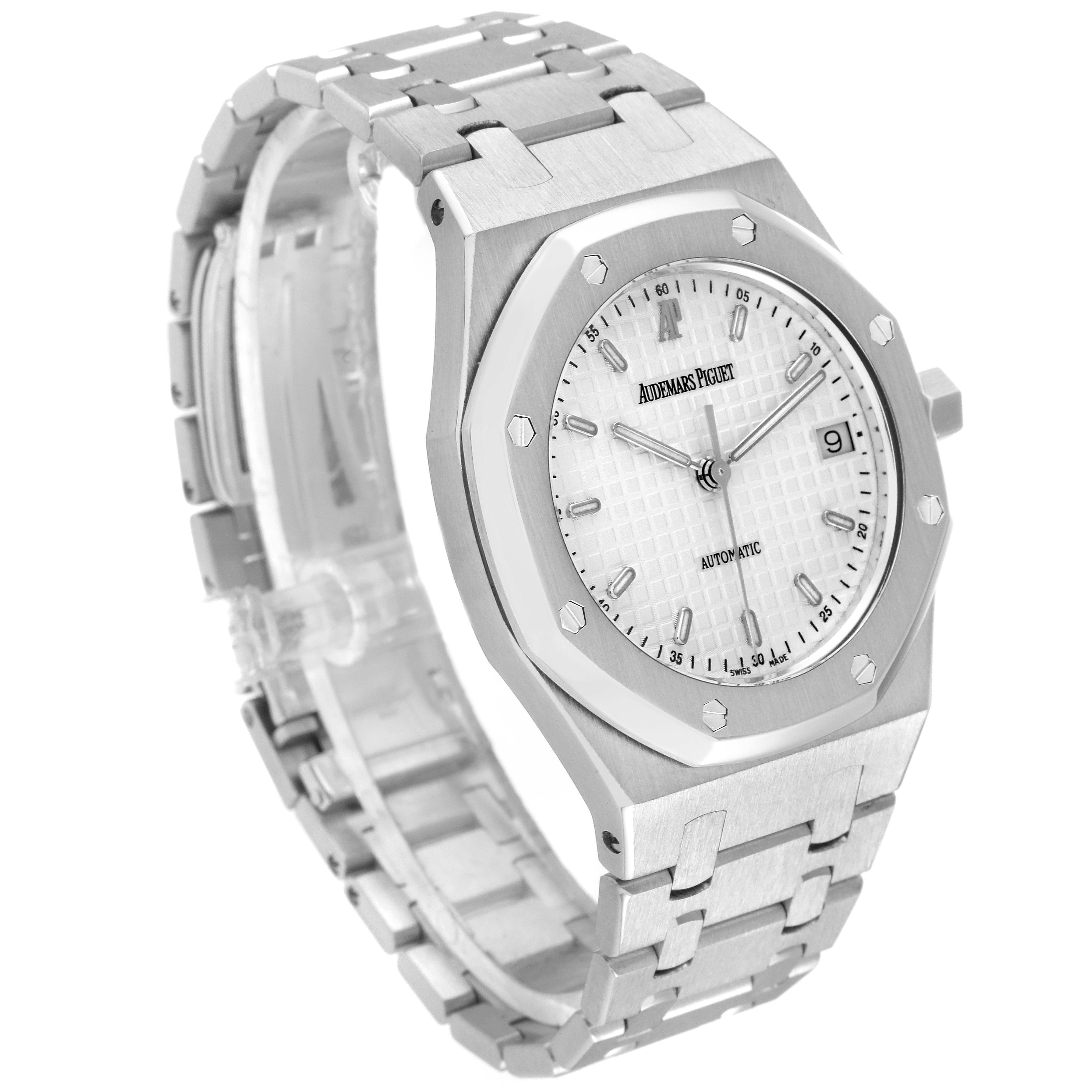 The image shows the Audemars Piguet Royal Oak 14790ST Men's Stainless Steel Silver Dial 14790ST Men's Stainless Steel Silver Dial watch from a 3/4 angle, highlighting its dial, bezel, and bracelet.