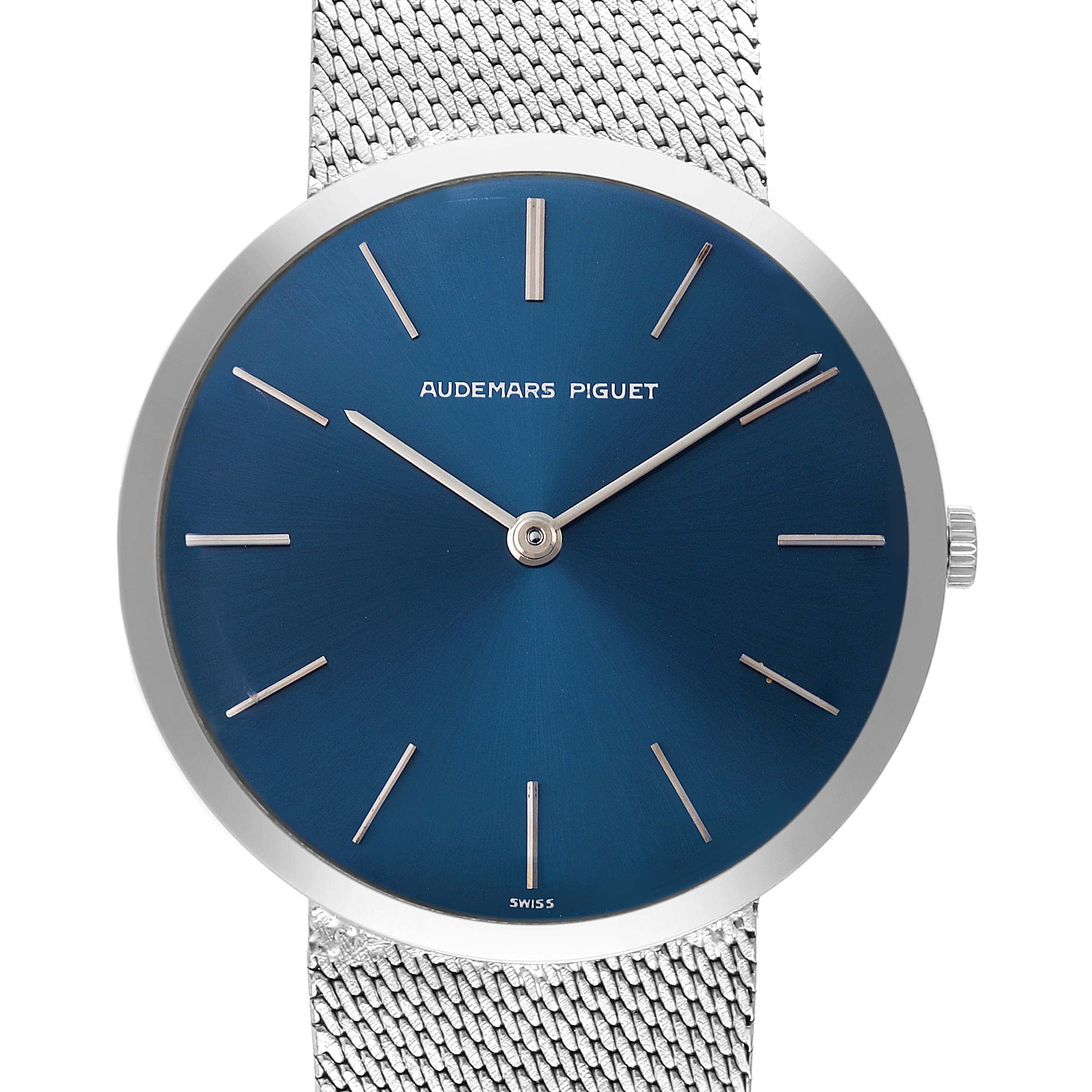 Audemars Piguet Vintage Men's White Gold Blue Dial Men's White Gold Blue Dial watch shown with a silver mesh band, blue dial, silver hands, and hour markers, viewed from the front.