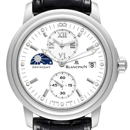 The image shows a front view of the Blancpain Villeret watch, displaying its face, hands, subdials, and day/night indicator.