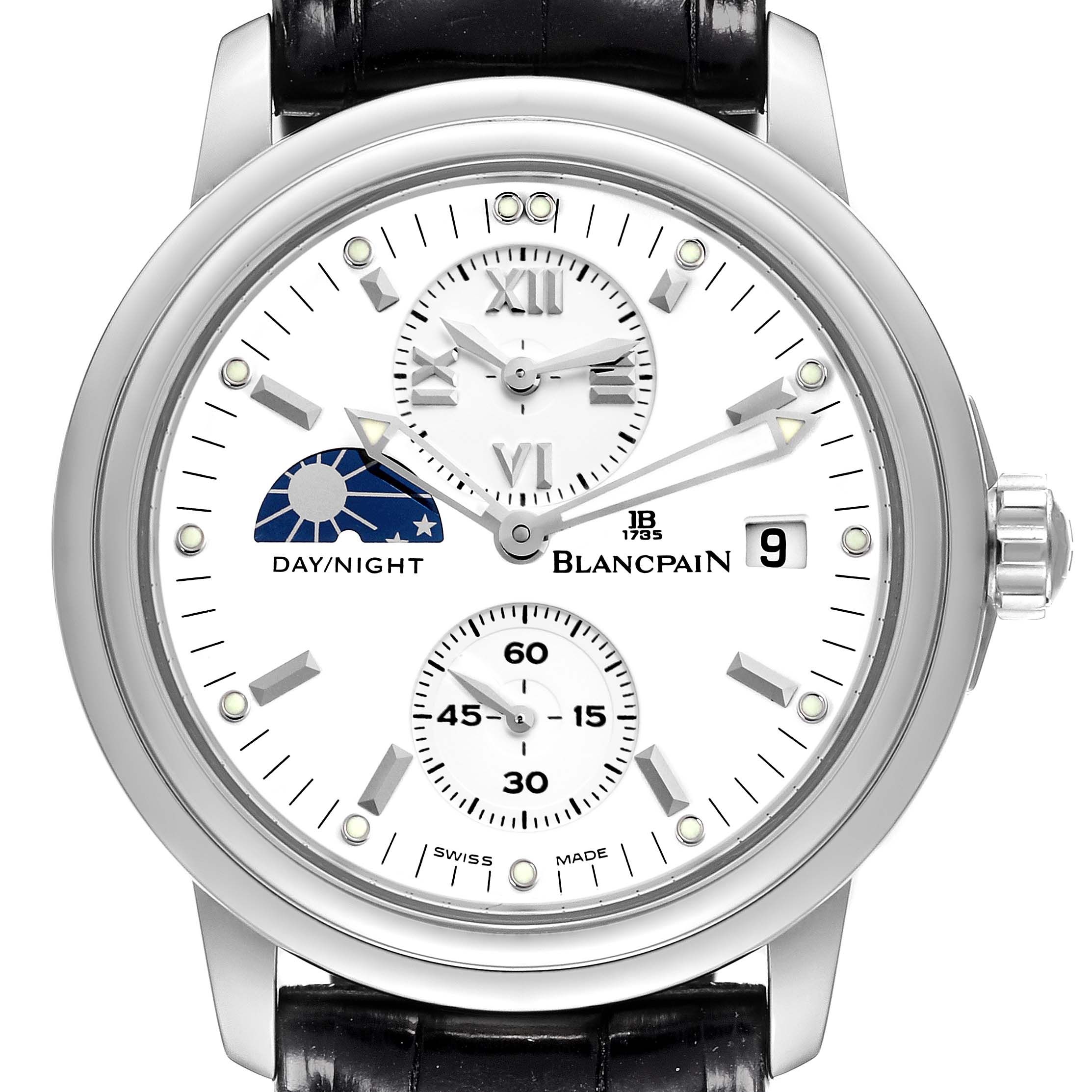 The image shows a Blancpain Villeret 2160-1127-53 Men's Stainless Steel White Dial 2160-1127-53 Men's Stainless Steel White Dial watch face-on, displaying day/night indicator, subdials, date window, and hour markers.