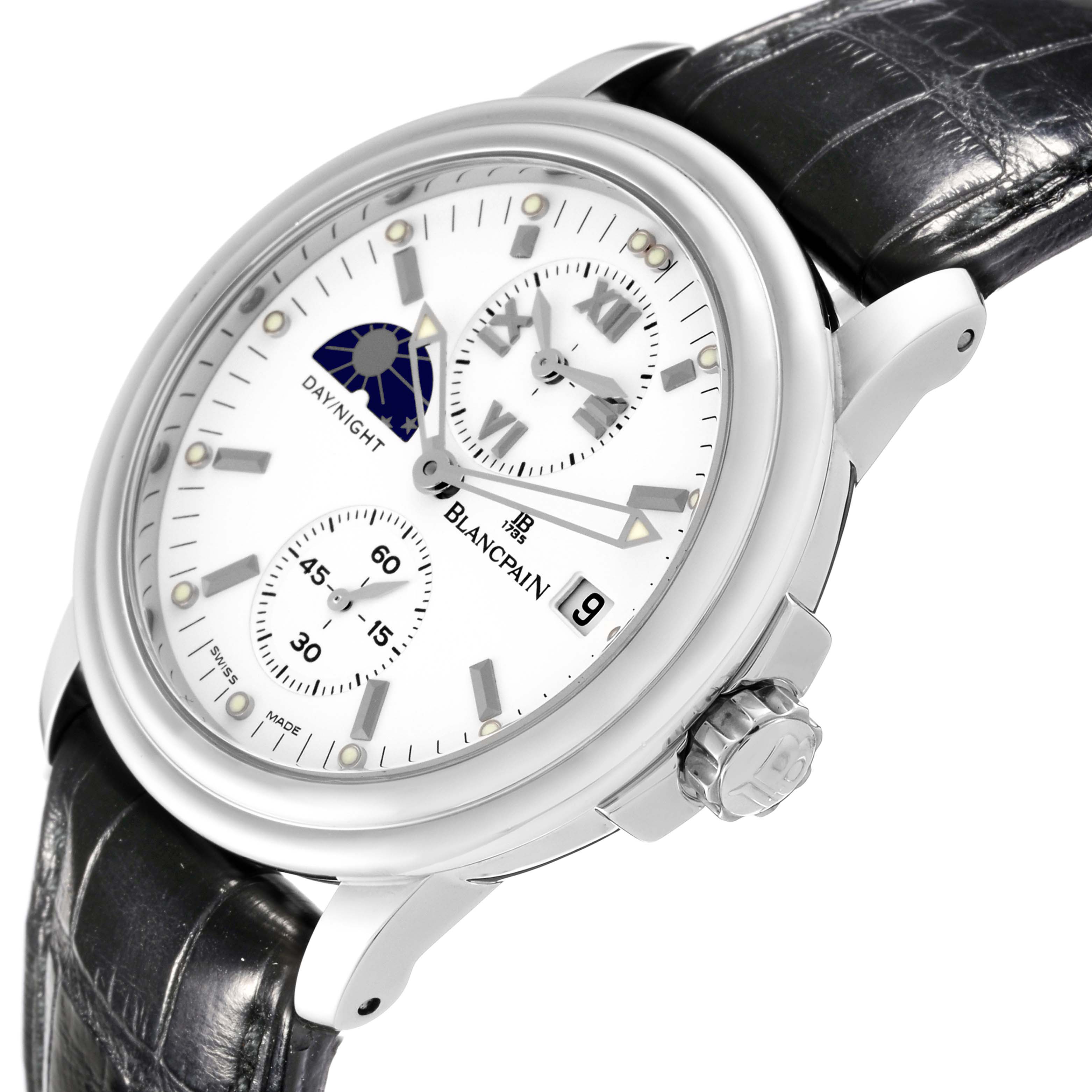 The image shows the Blancpain Villeret 2160-1127-53 Men's Stainless Steel White Dial 2160-1127-53 Men's Stainless Steel White Dial watch at a three-quarter angle, displaying the dial, crown, and part of the strap.