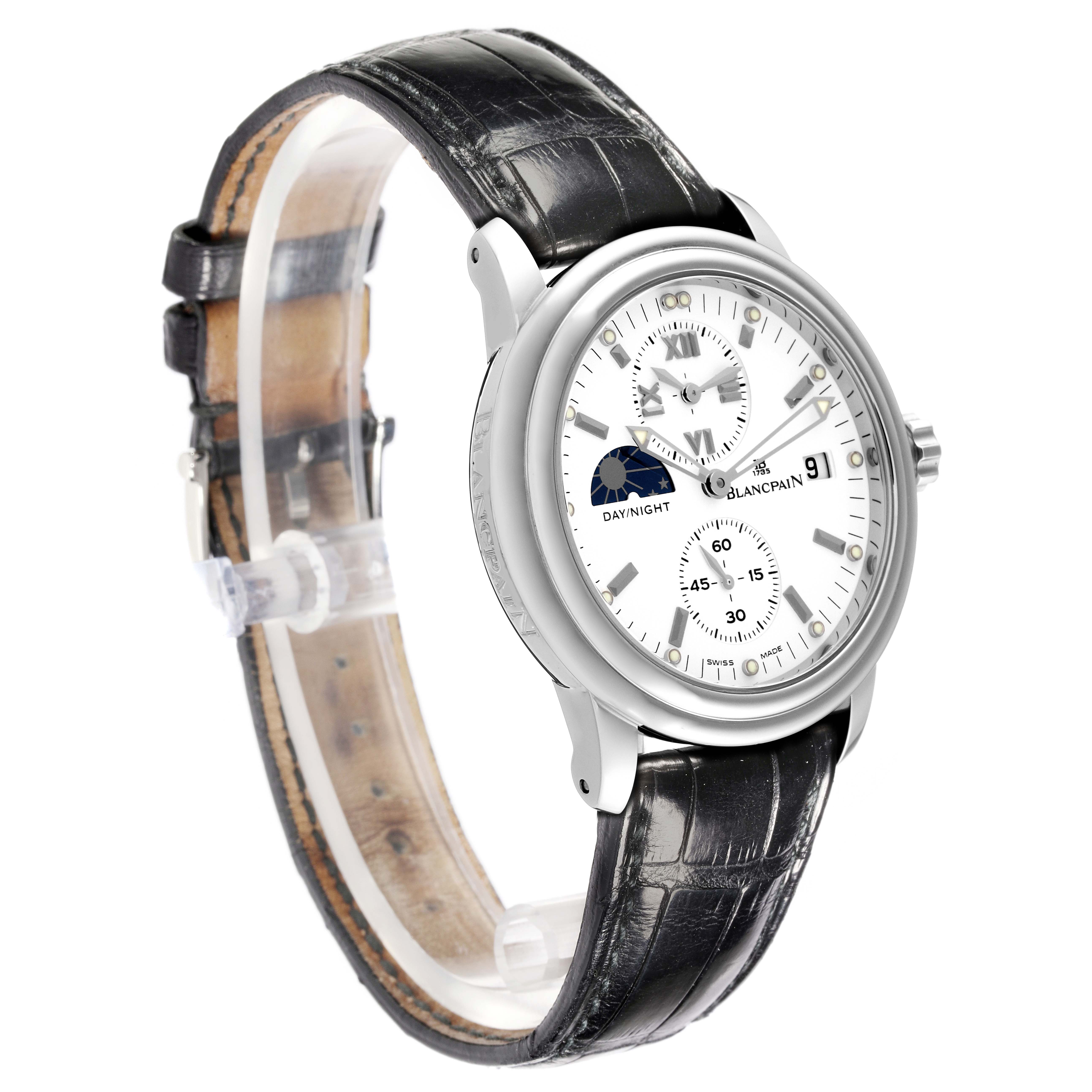 The Blancpain Villeret 2160-1127-53 Men's Stainless Steel White Dial 2160-1127-53 Men's Stainless Steel White Dial watch is shown at an angle displaying the face, strap, and side profile with visible markings and details.