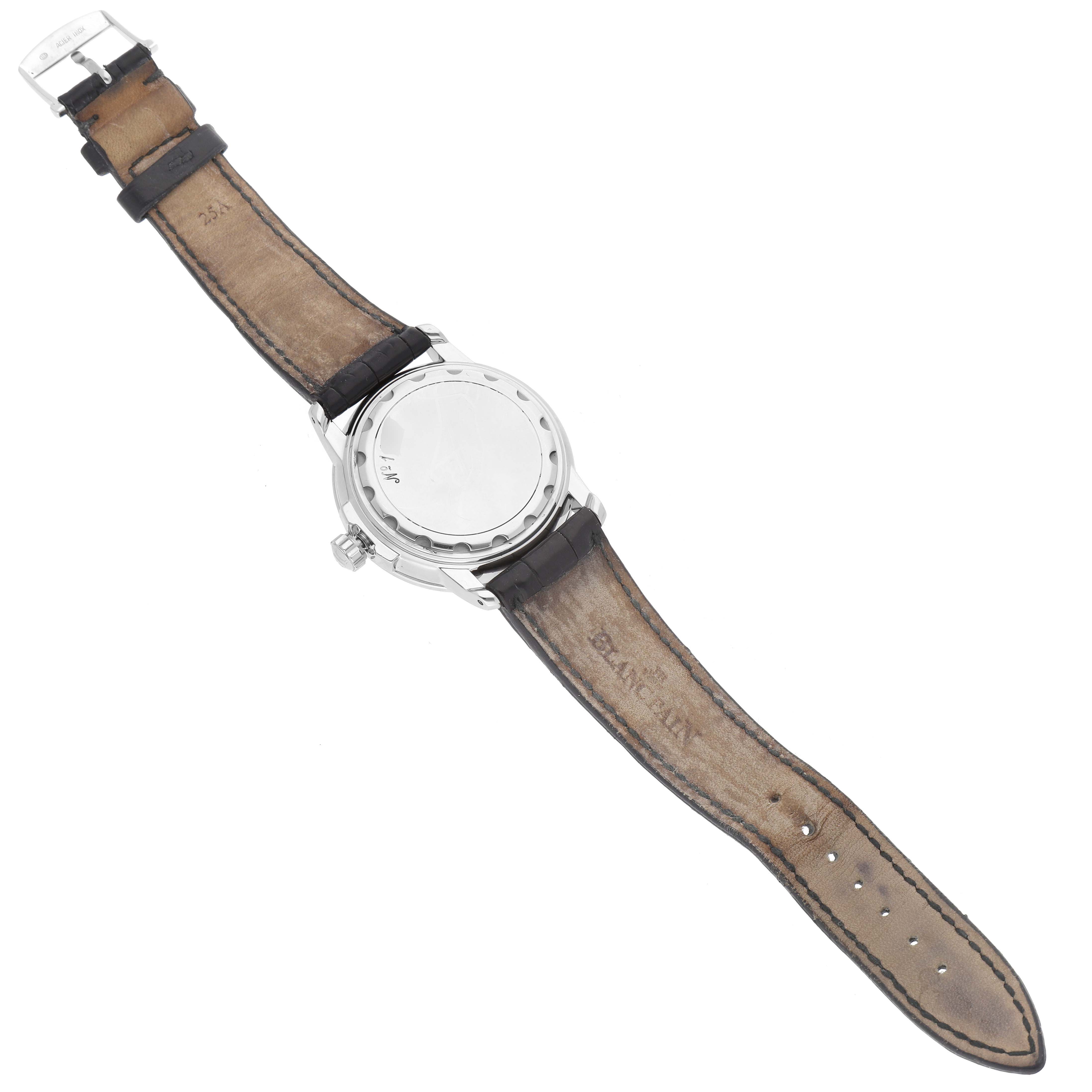 The image shows the back case and leather strap of the Villeret model watch by Blancpain.