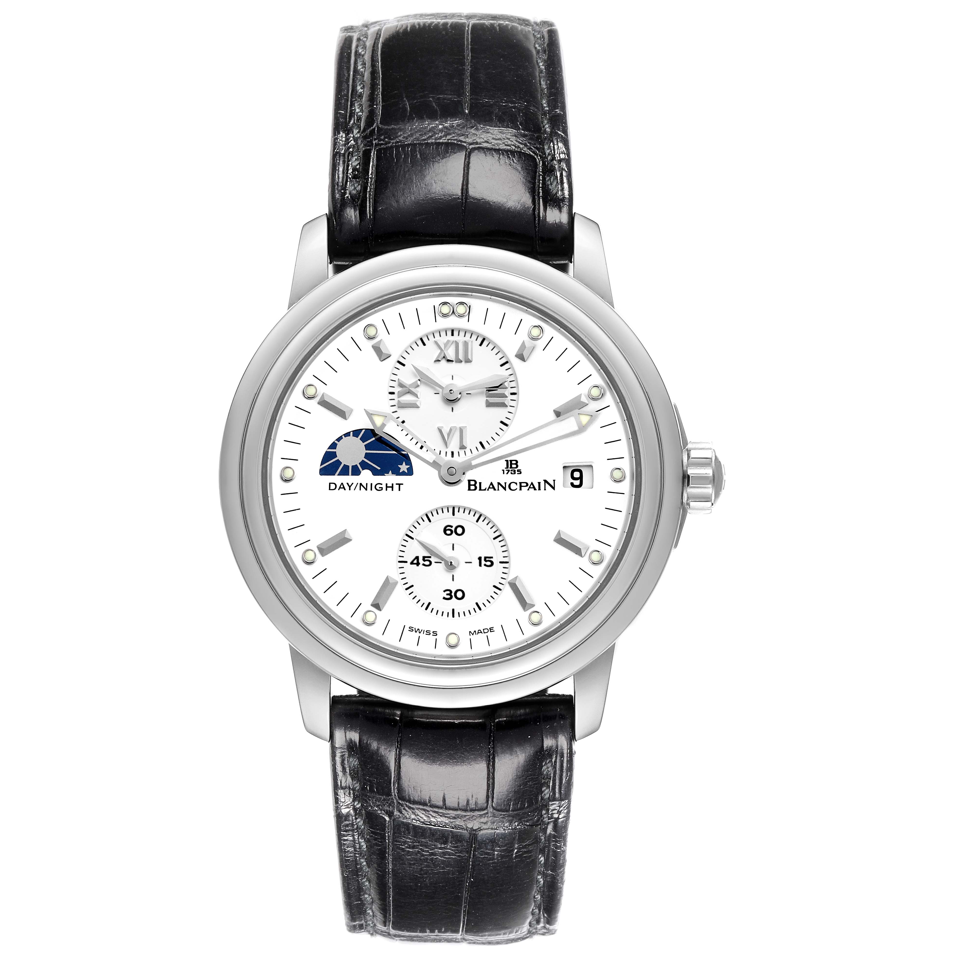 The image shows a Villeret model watch by Blancpain from a top-down angle, displaying the face, dial, subdials, and strap.