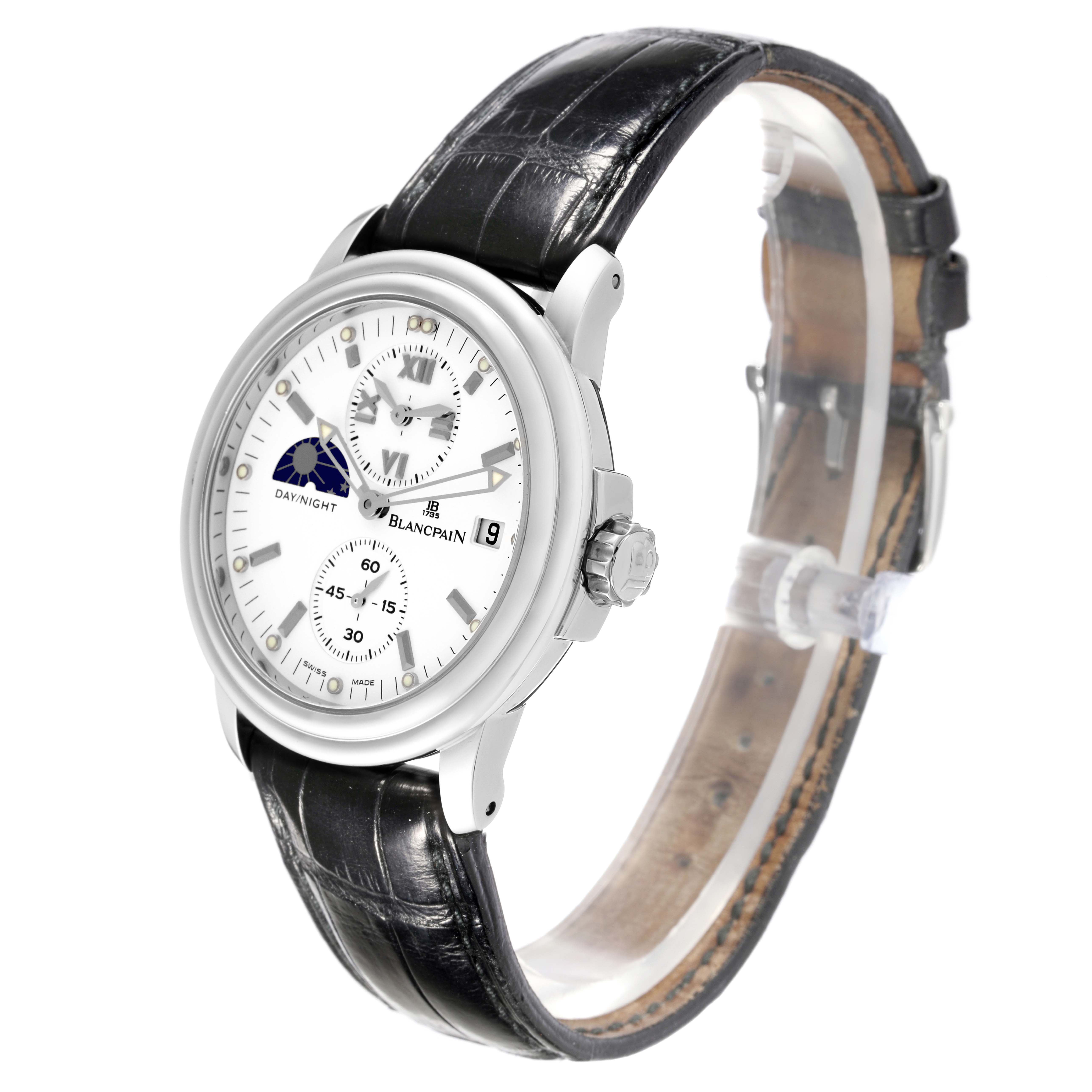 The Blancpain Villeret 2160-1127-53 Men's Stainless Steel White Dial 2160-1127-53 Men's Stainless Steel White Dial watch is shown at a three-quarter angle, highlighting its face, crown, and black leather strap.