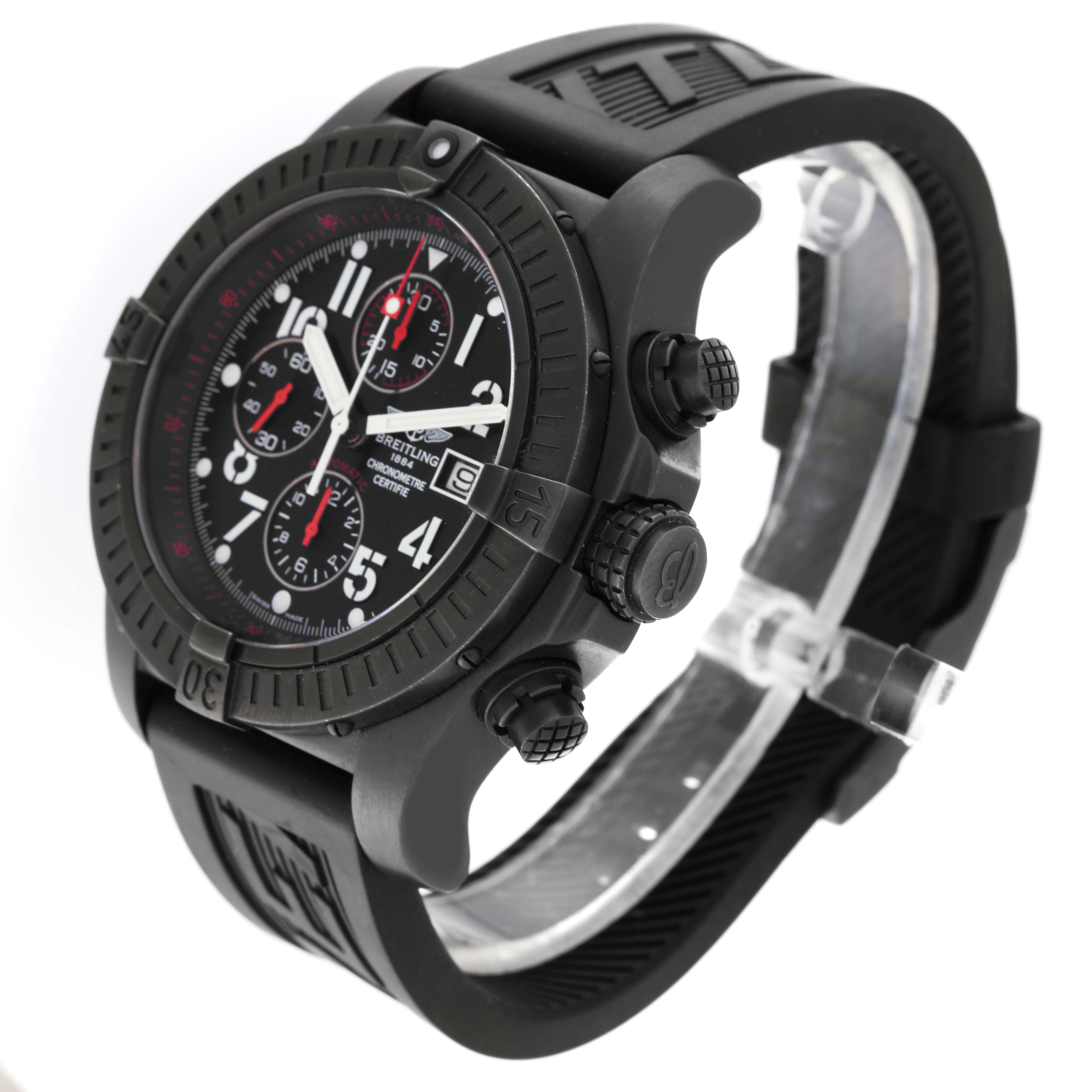 This image shows a Breitling Limited Series watch at a three-quarter angle, highlighting the bezel, dial, subdials, and rubber strap.