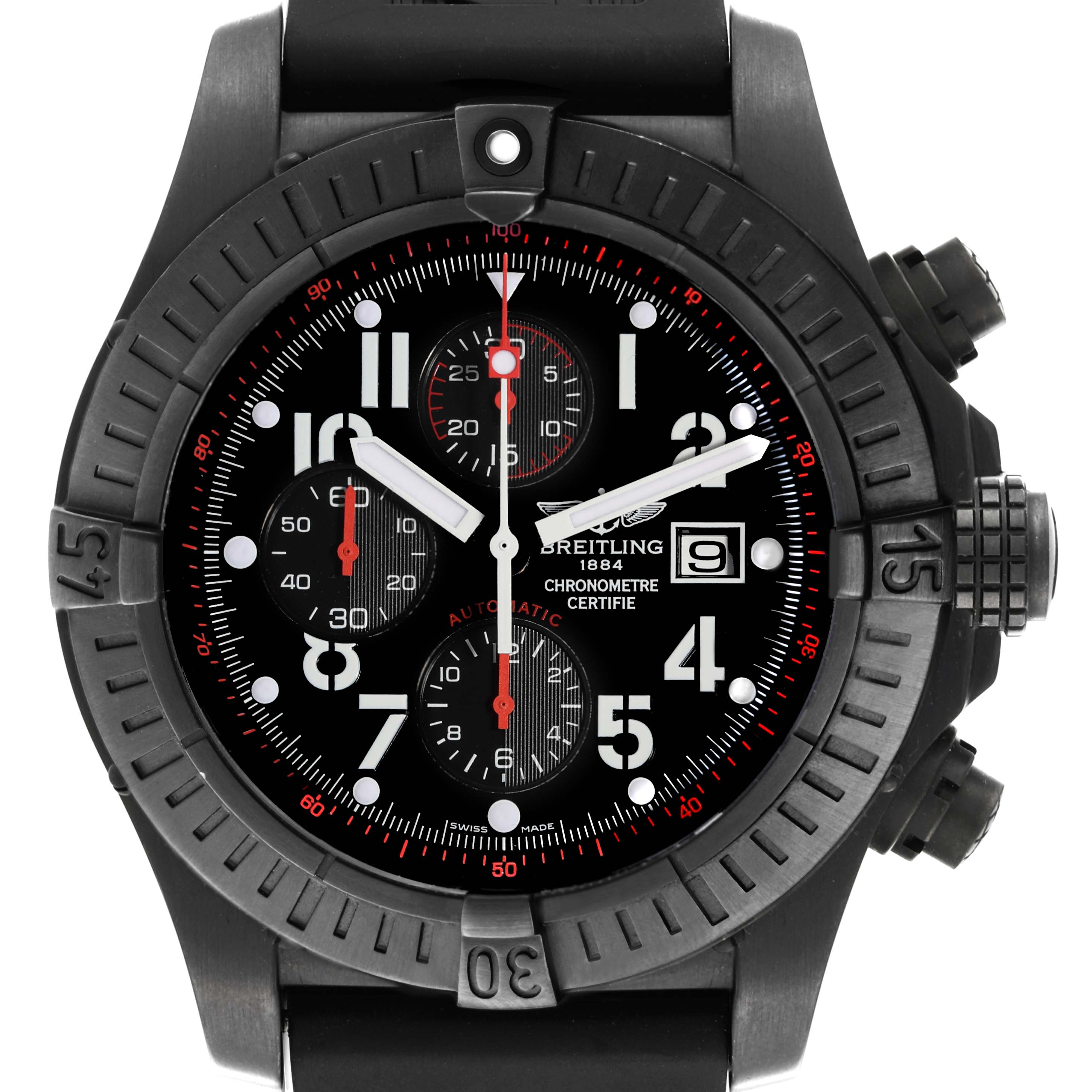 The image shows a front view of the Breitling Limited Series watch, highlighting its dial, bezel, sub-dials, and crown.