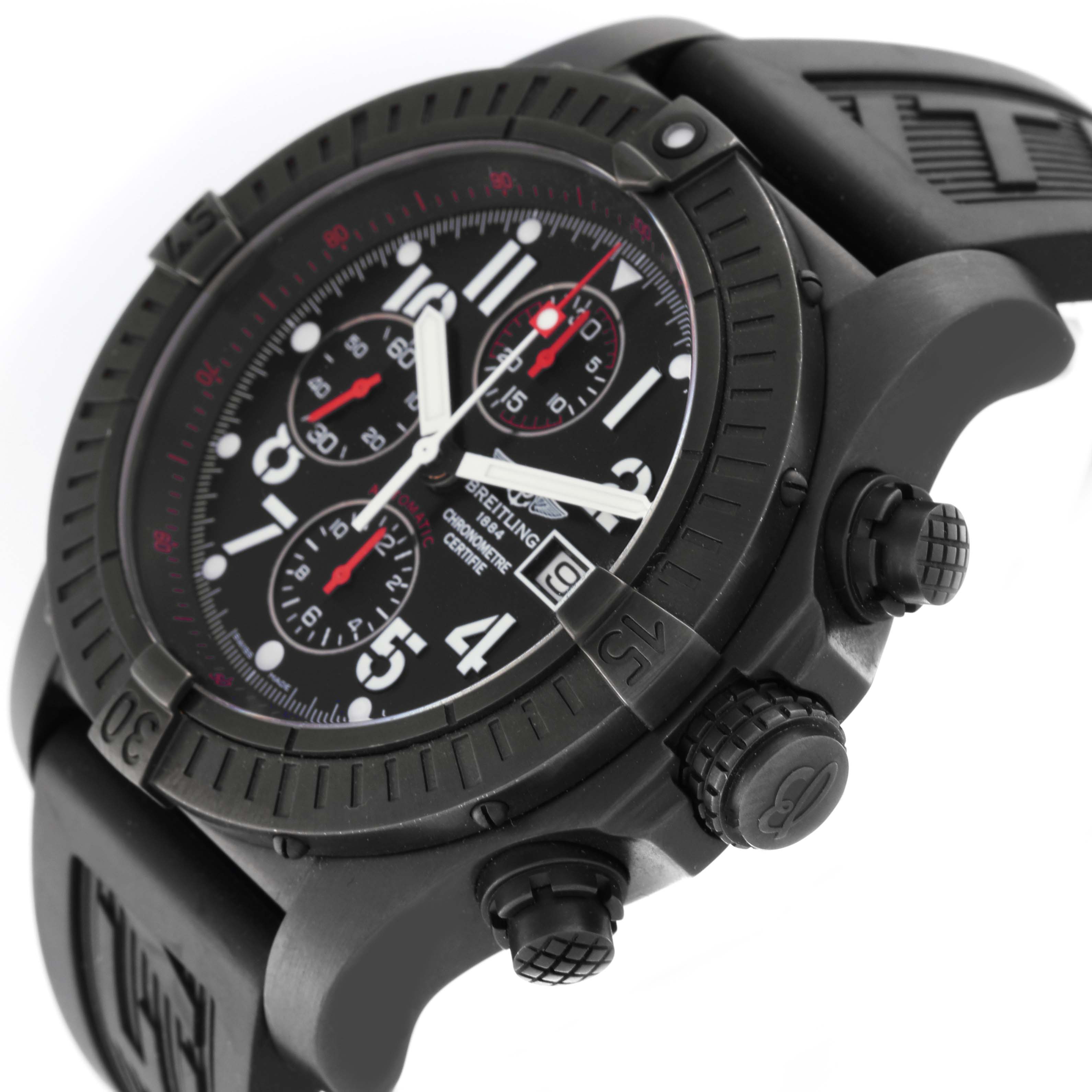 The image shows a side angle of a Breitling Limited Series model watch, highlighting the bezel, crown, pushers, and partially the strap.