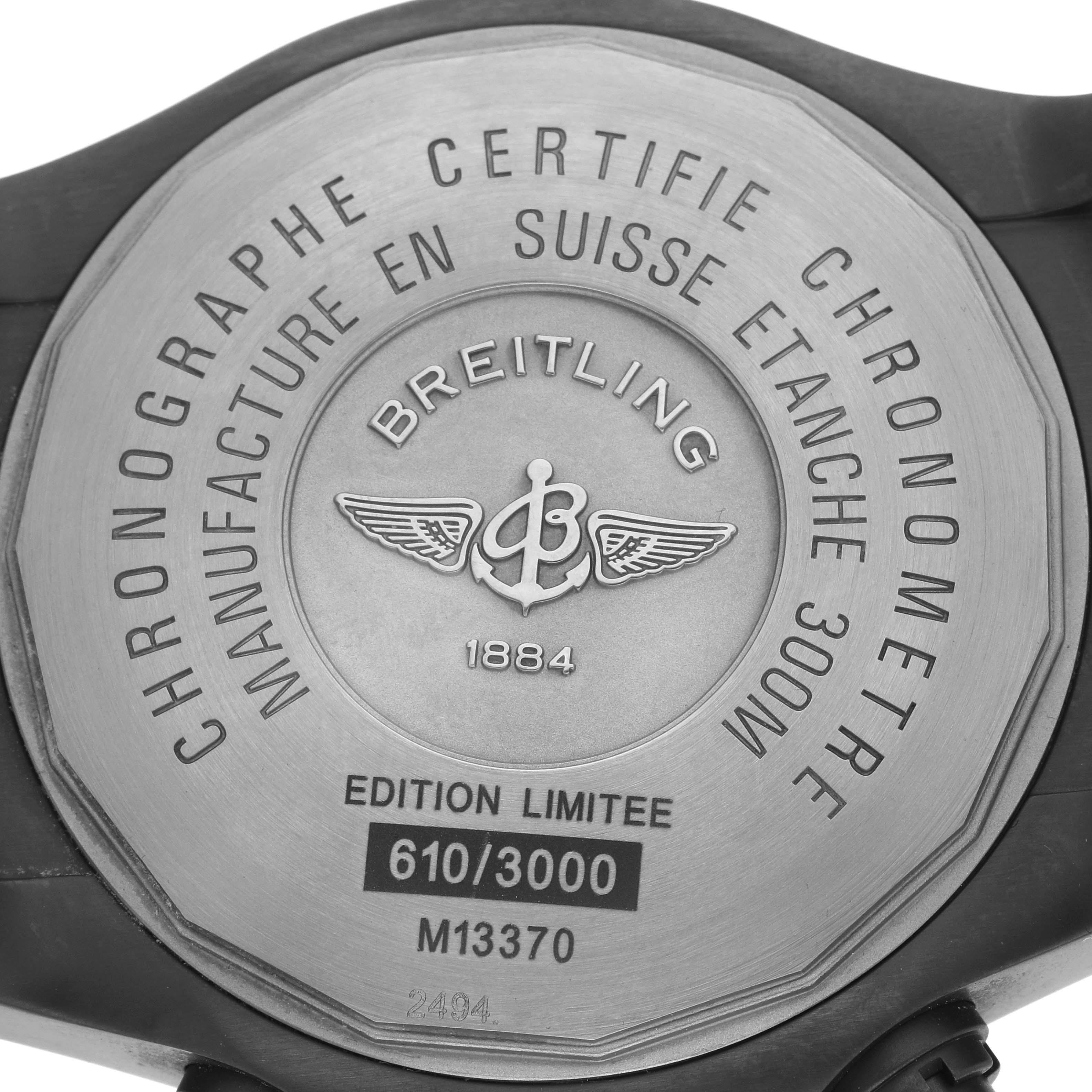 This image shows the case back of a Limited Edition Breitling model, displaying its serial number and brand details.
