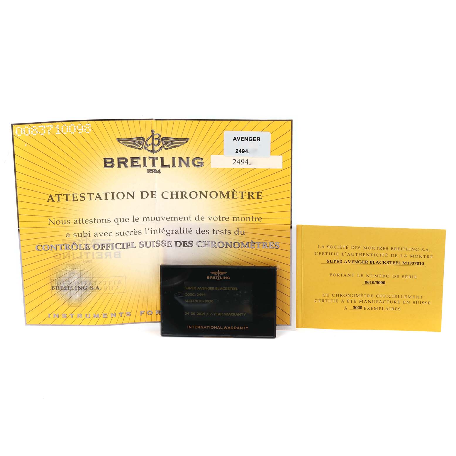This image shows the certification and warranty cards for the Limited Series Breitling Avenger M13370 Men's Stainless Steel Black Dial M13370 Men's Stainless Steel Black Dial model.